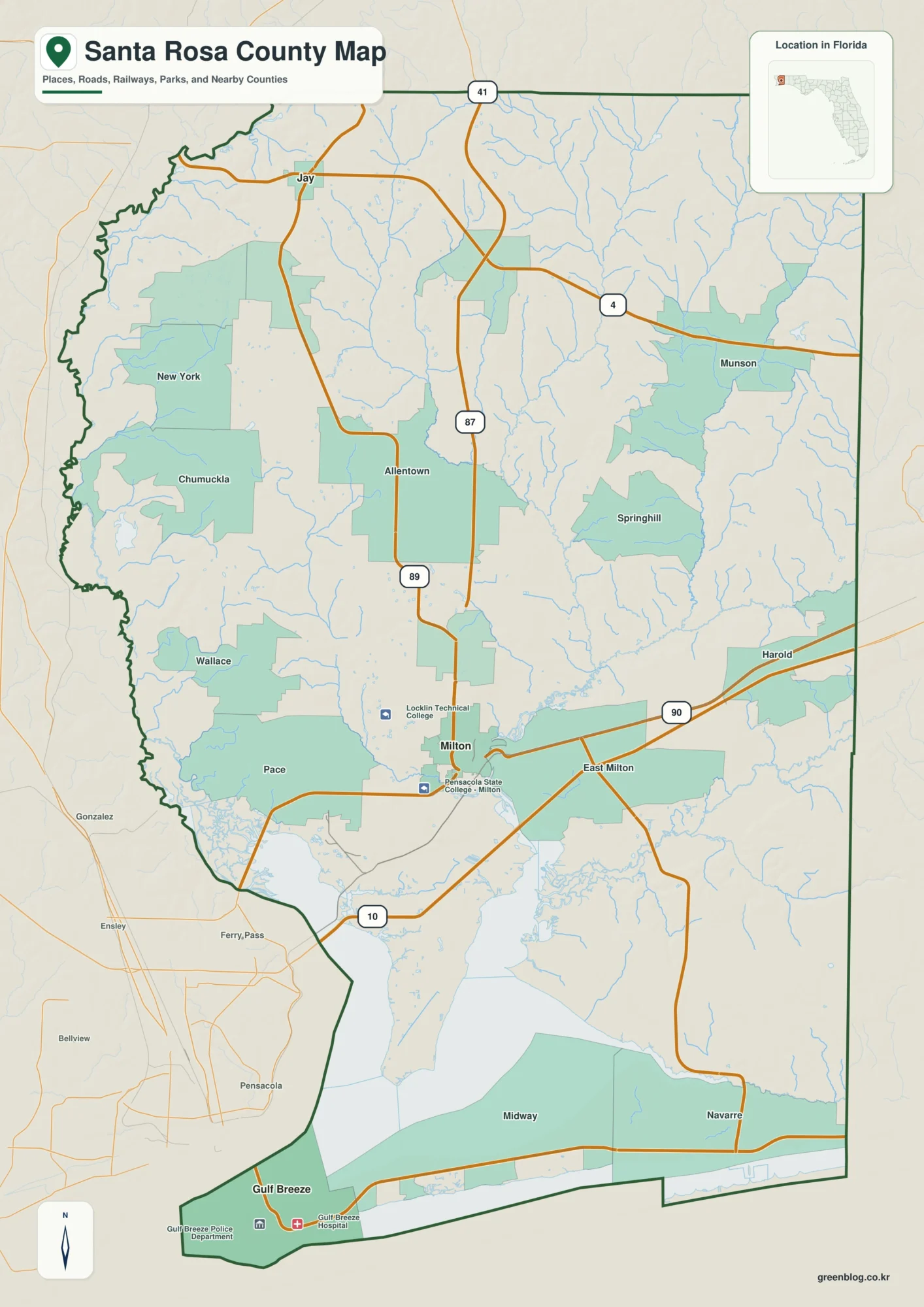 Santa Rosa County Florida map showing Milton, Navarre, Gulf Breeze