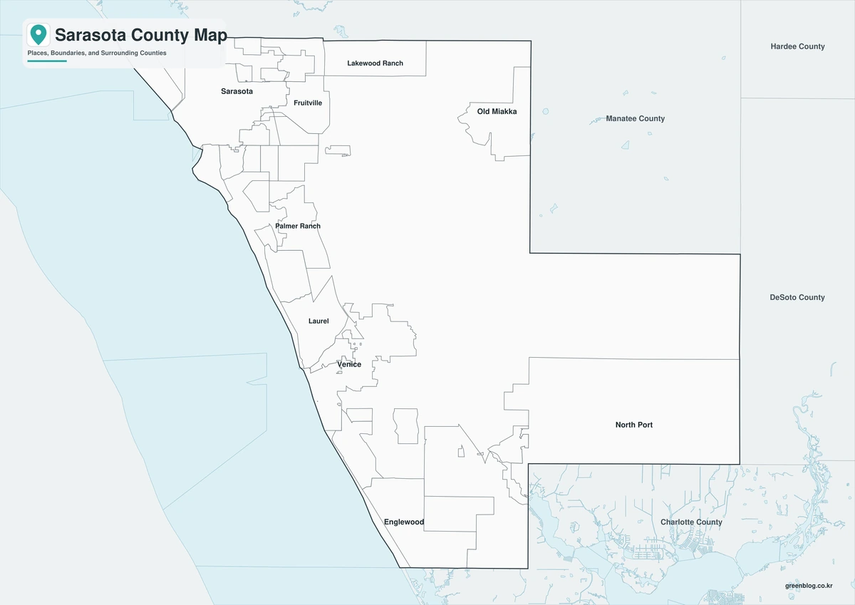 Black-and-white Sarasota County map with selected place labels