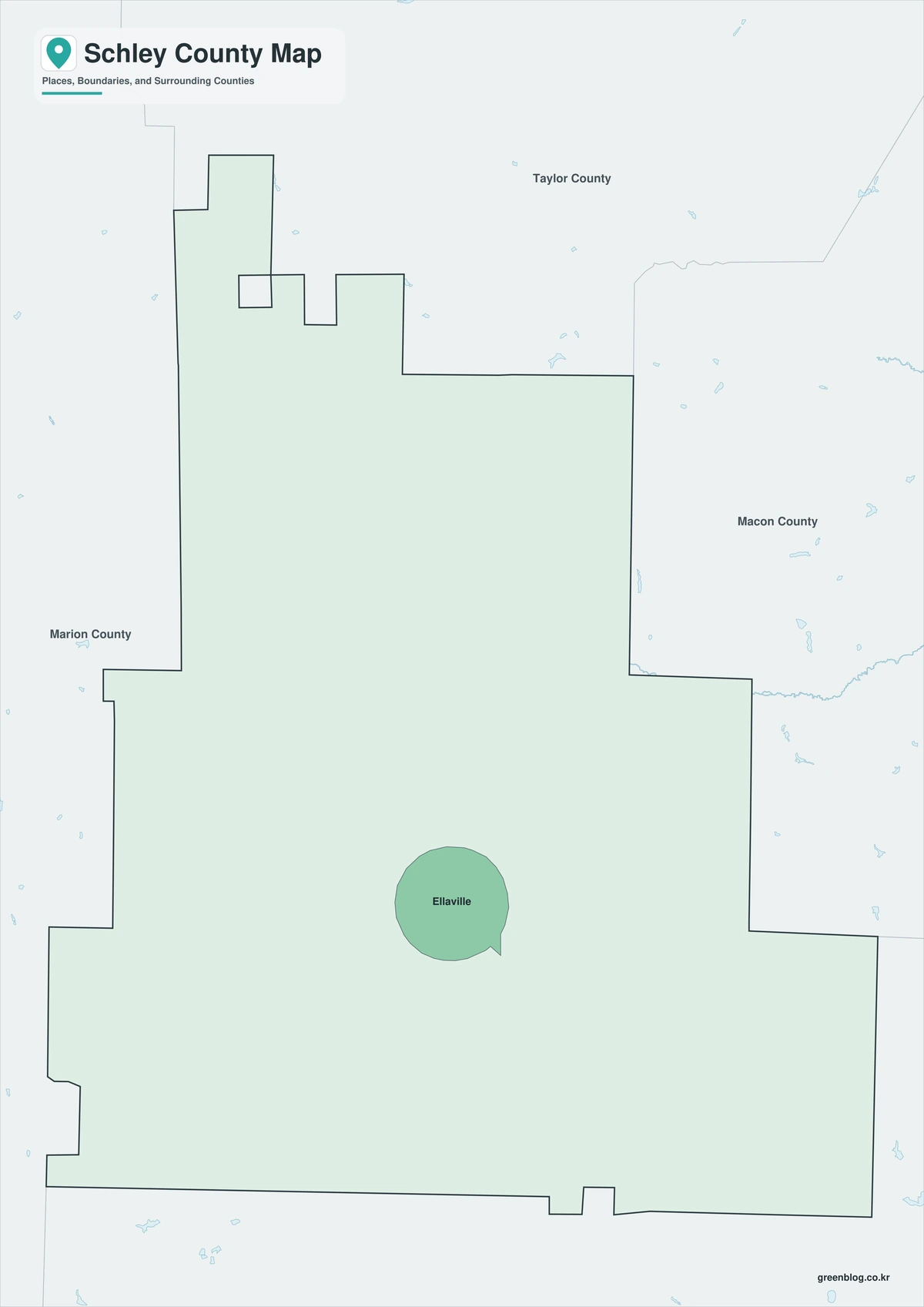 Schley County Georgia map with colored areas and selected place labels
