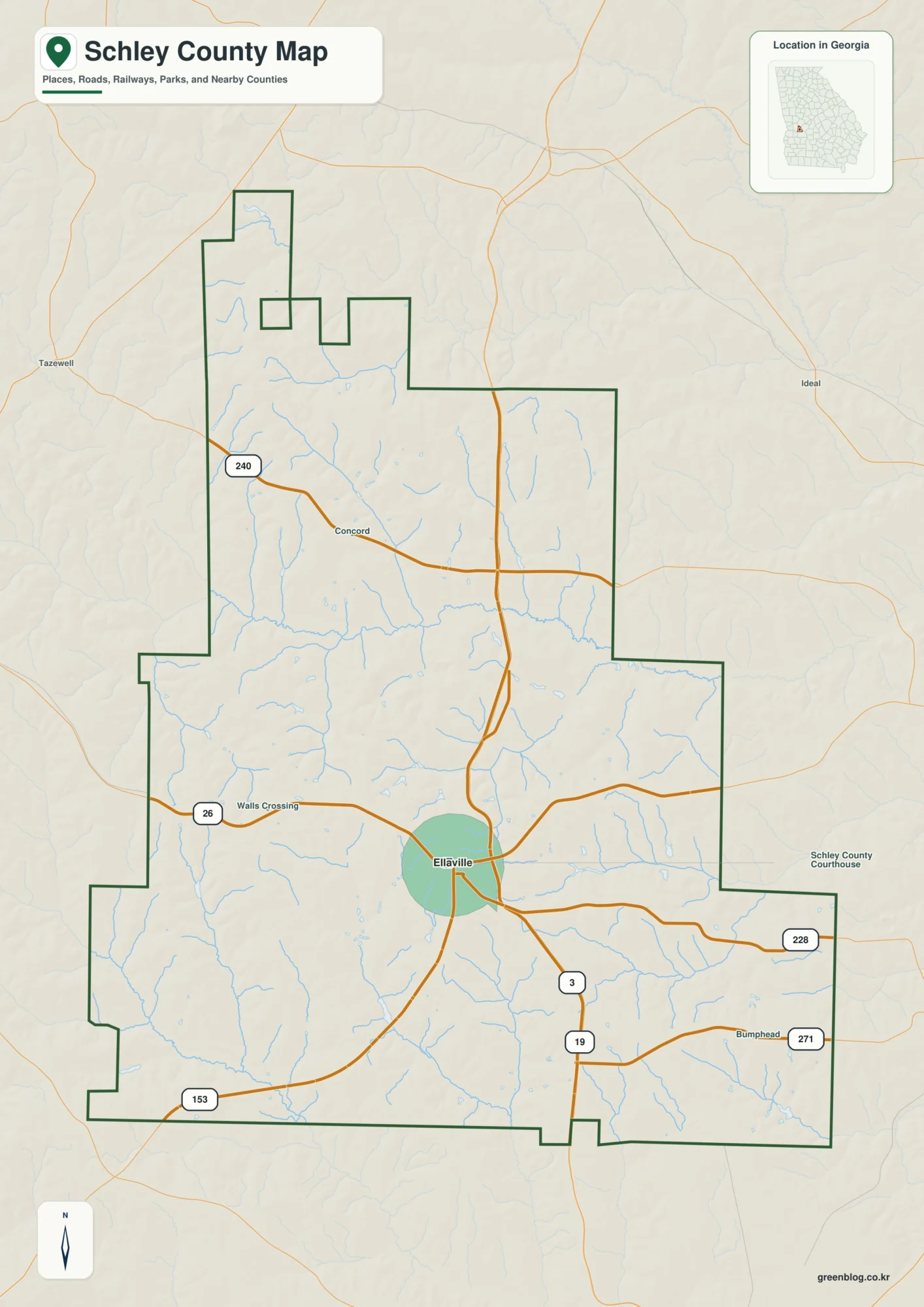 Schley County Georgia map showing the county boundary and selected places