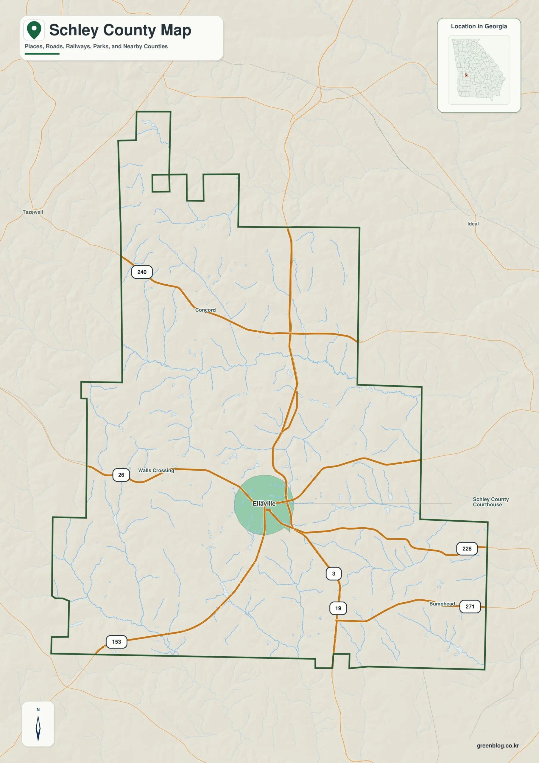 Schley County Georgia map showing the county boundary and selected places