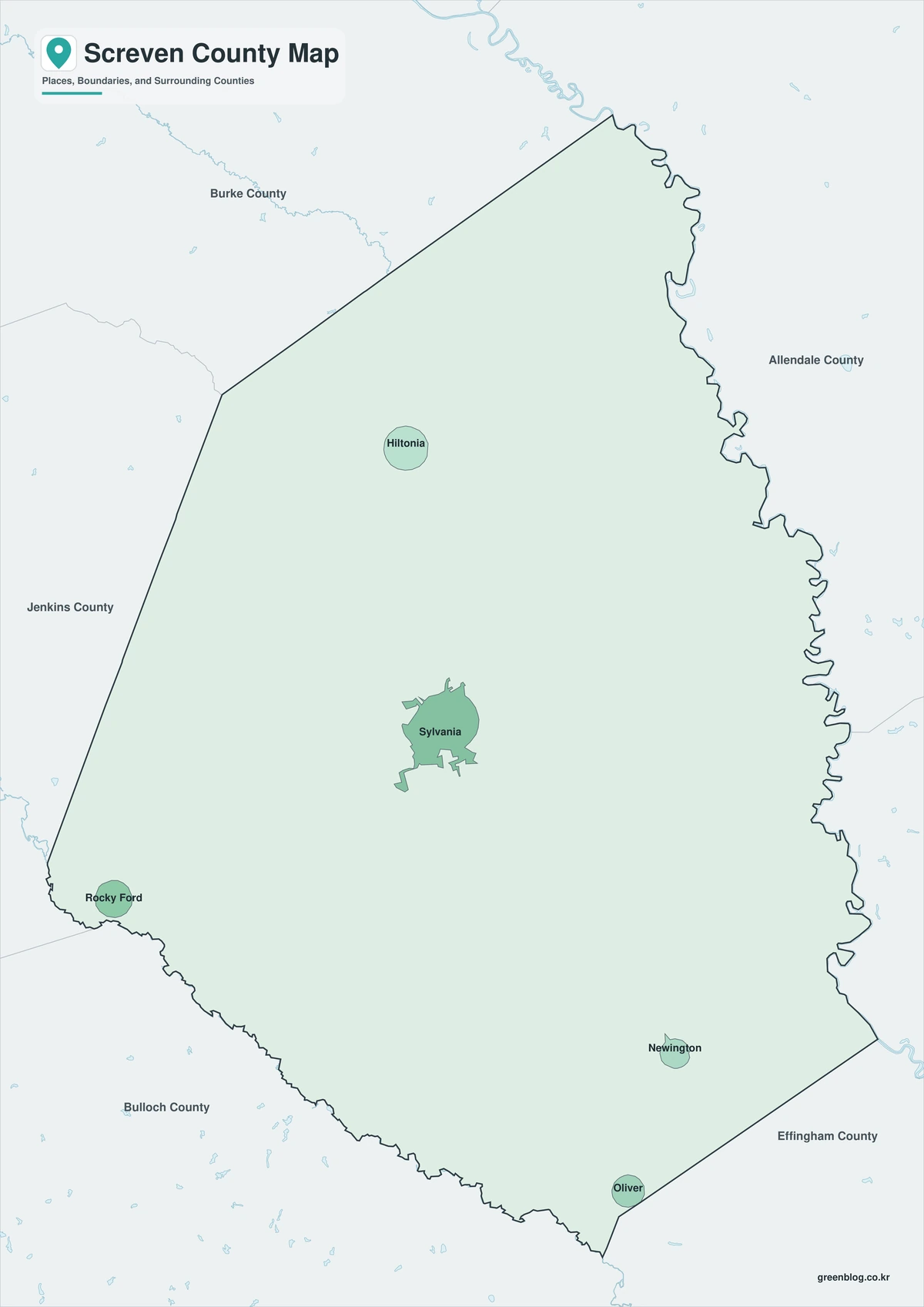 Screven County Georgia map with colored areas and selected town labels