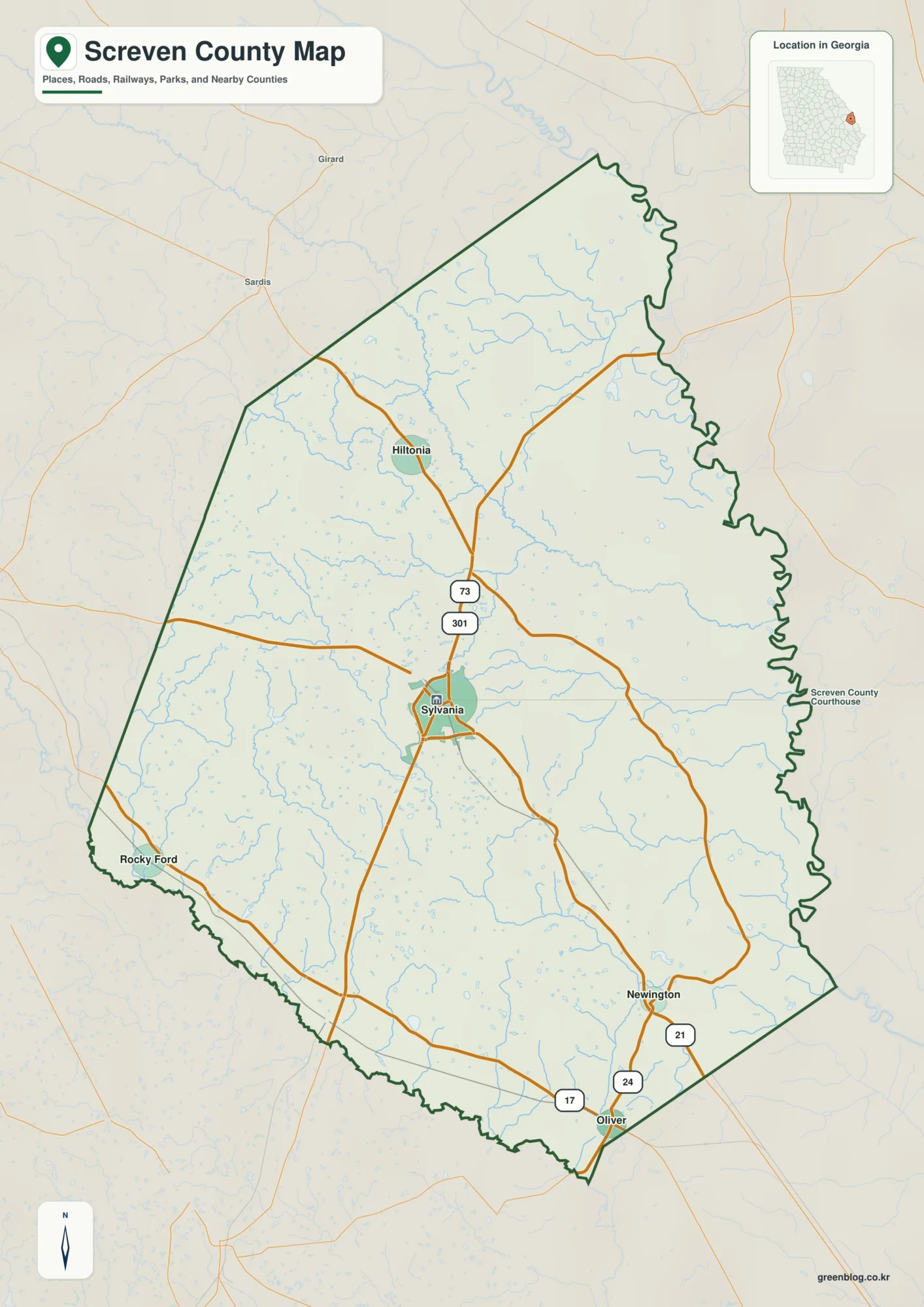 Screven County Georgia map showing the county boundary and selected places