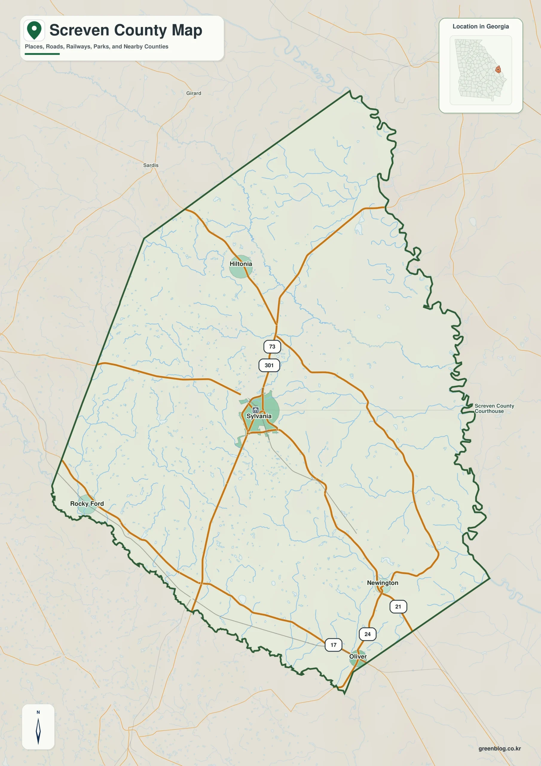 Screven County Georgia map showing the county boundary and selected places