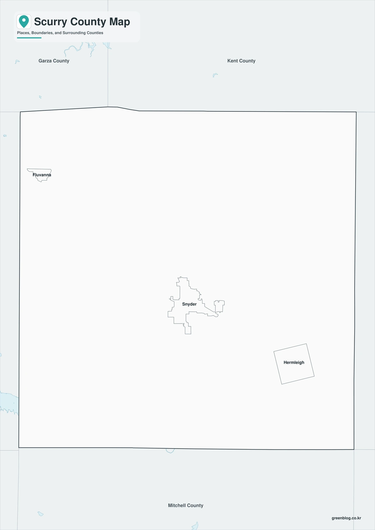 Black and white Scurry County map with selected communities and streams