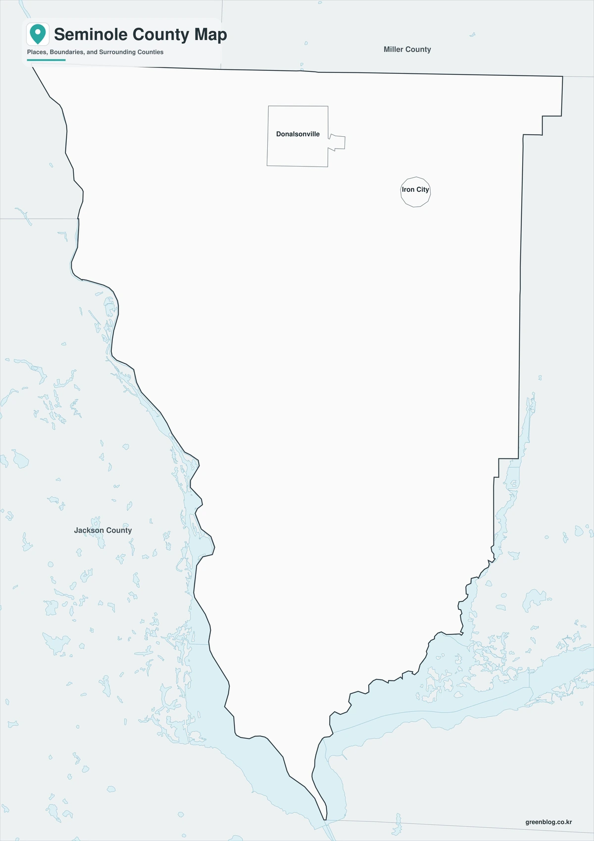 Black and white Seminole County map with selected place names
