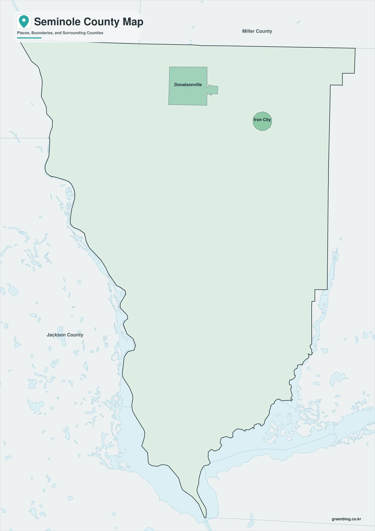 Seminole County Georgia map with colored areas and selected place labels