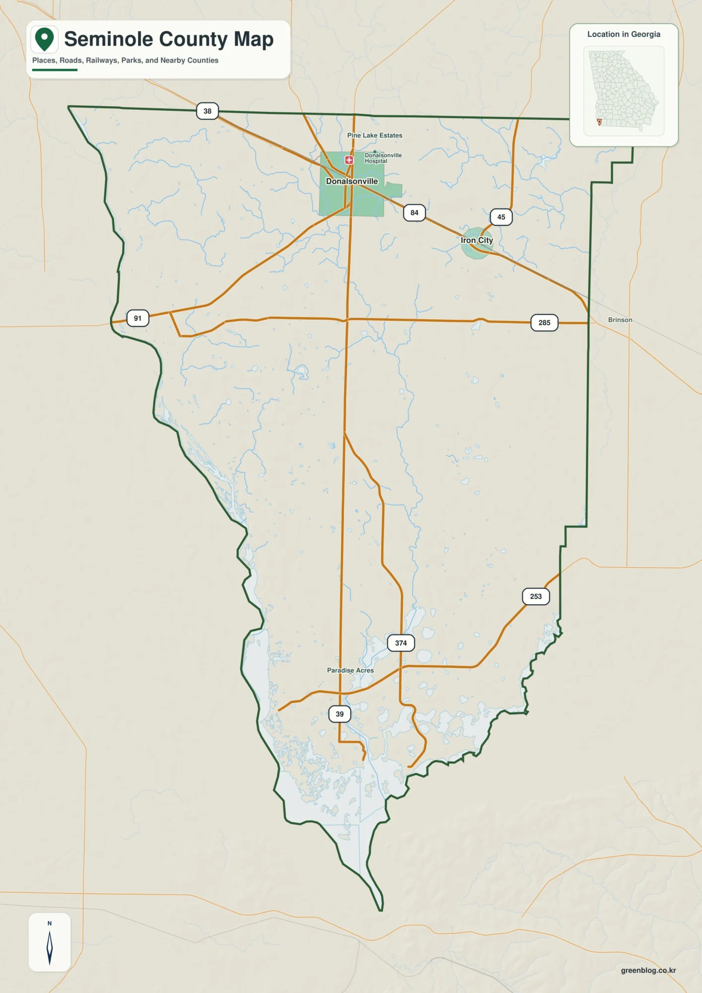 Seminole County Georgia map showing the county boundary and selected places