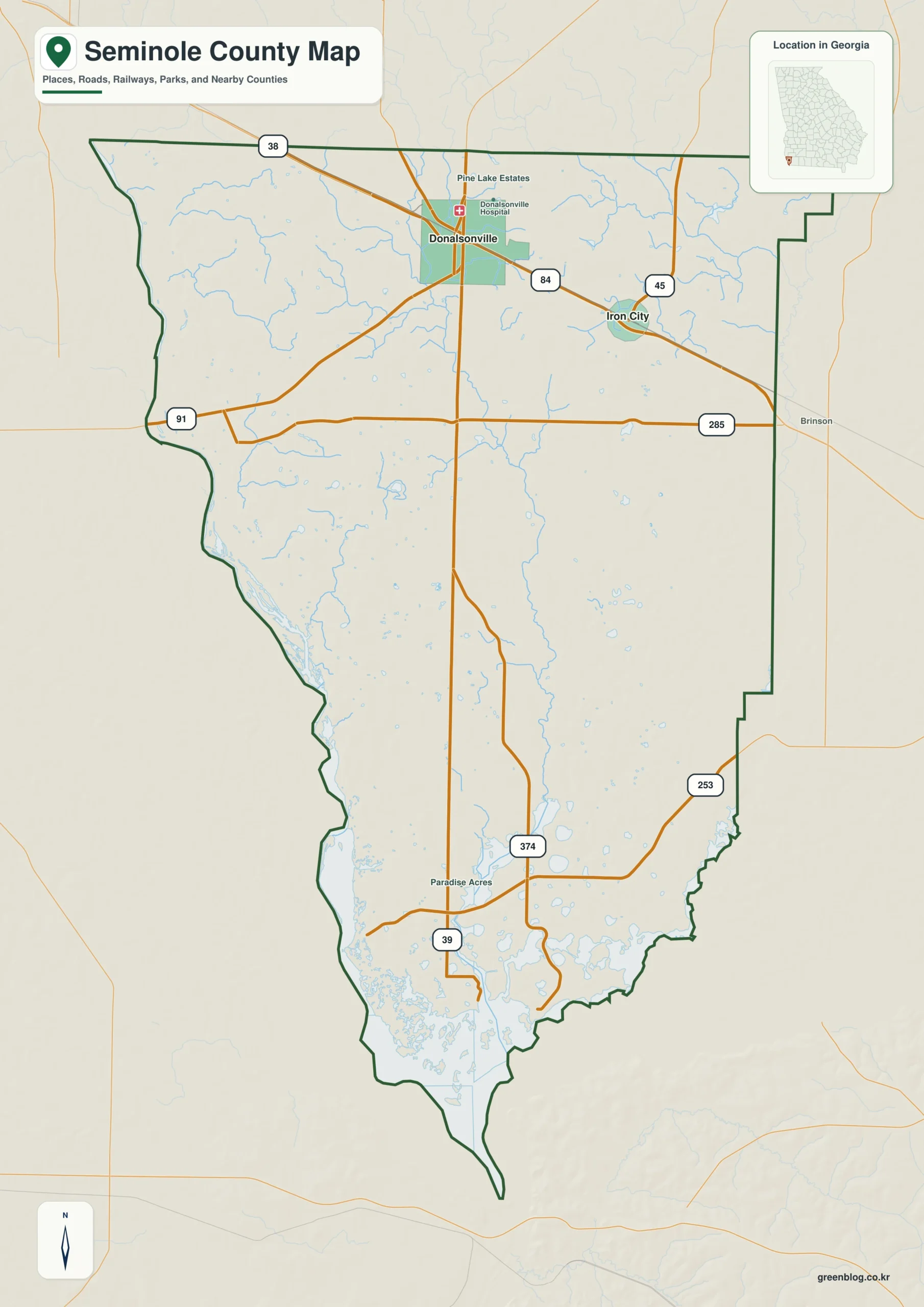 Seminole County Georgia map showing the county boundary and selected places