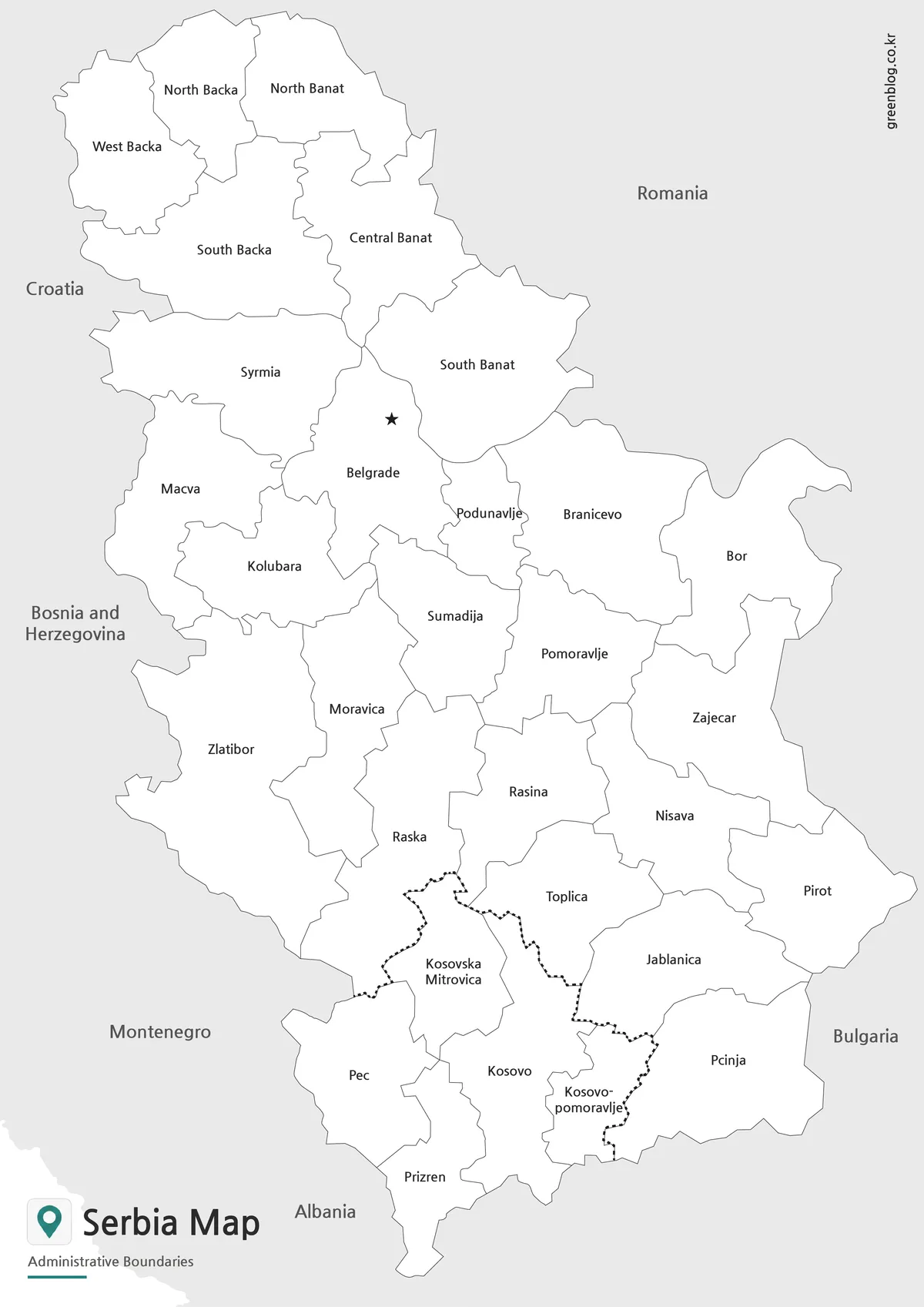Printable Serbia black and white map with administrative boundaries for classroom use