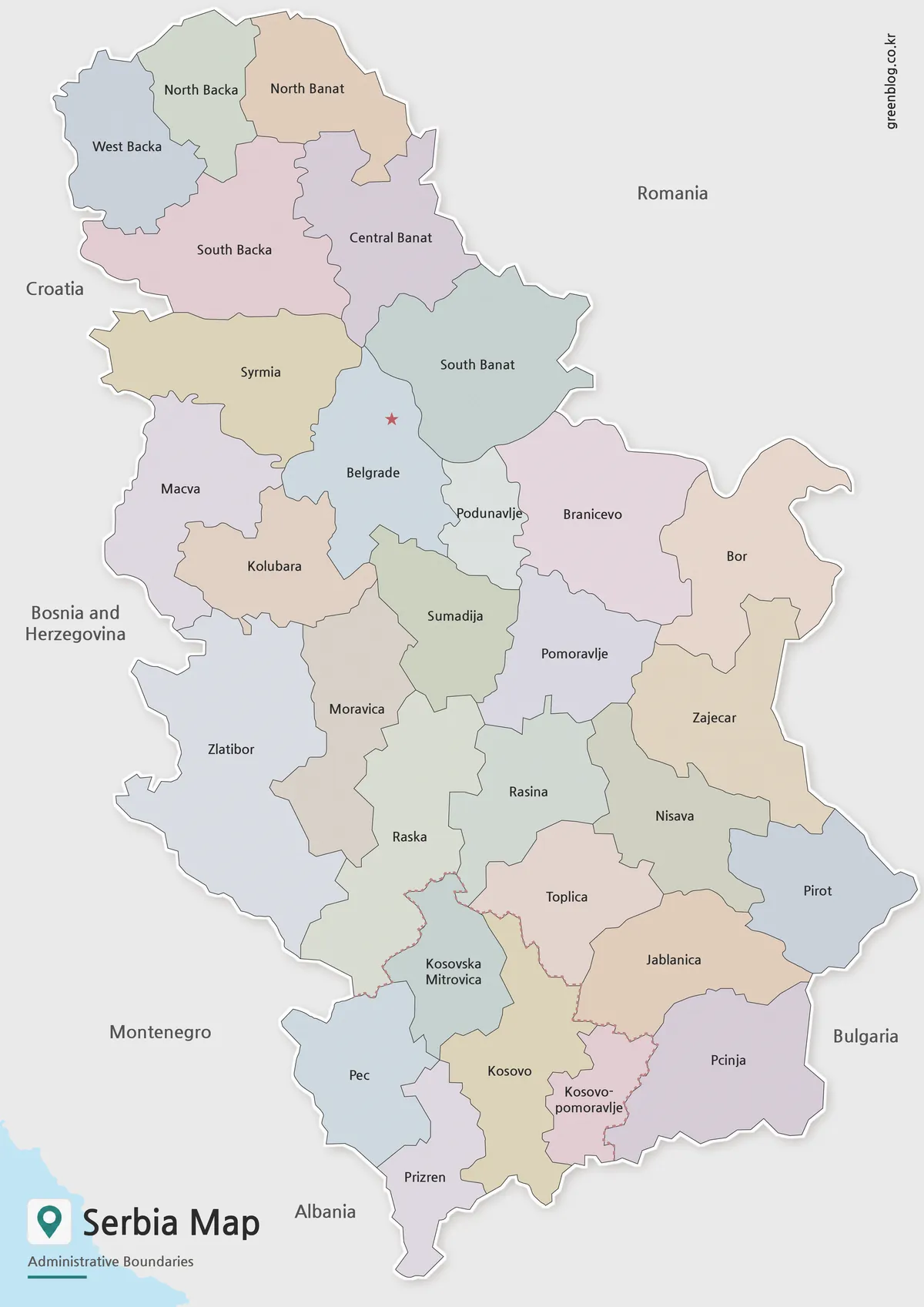 Serbia Map with color-coded administrative regions and Belgrade for printable reference