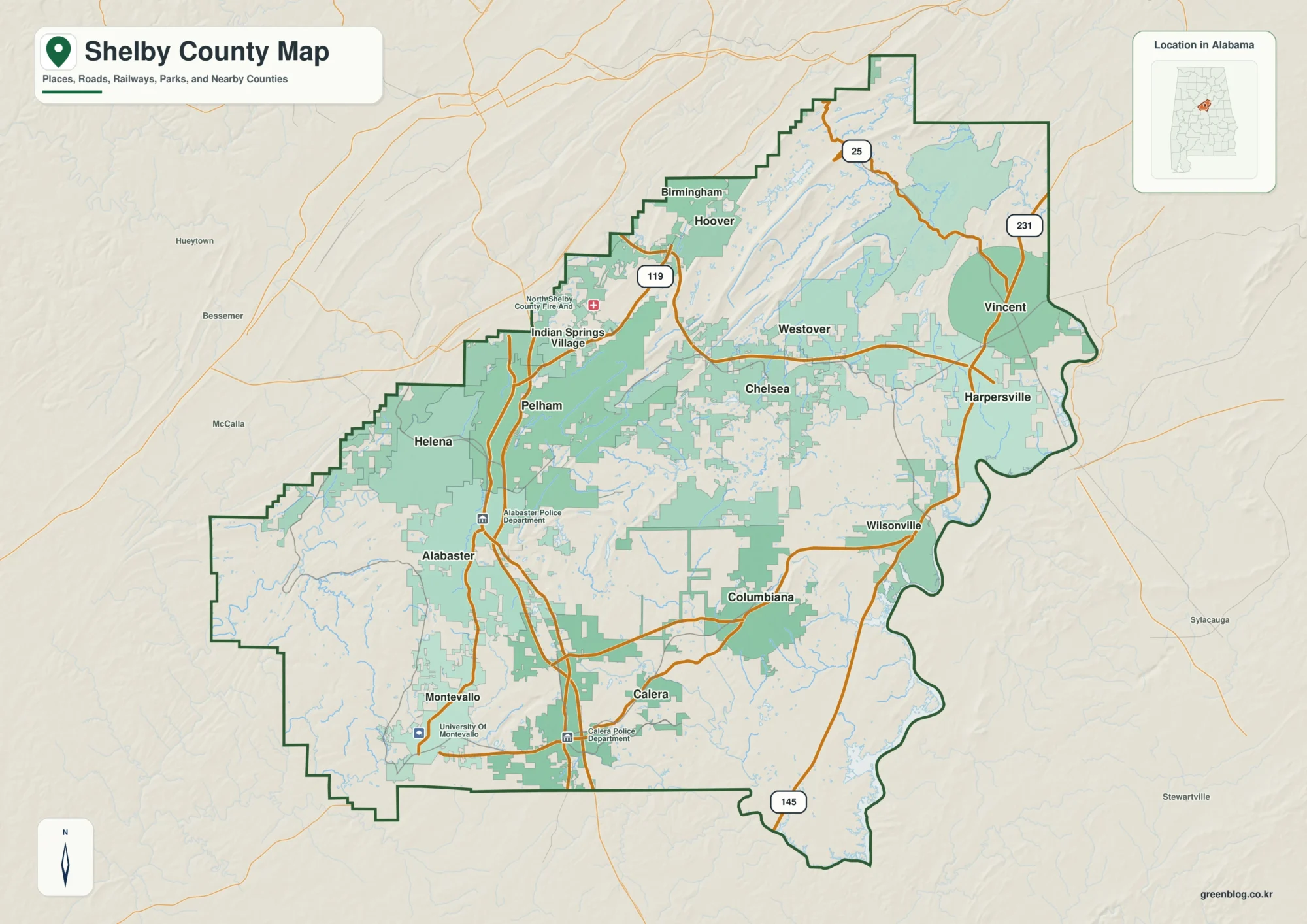 셸비 카운티 Shelby County 앨라배마 지도에서 카운티 경계와 주요 지명을 확인하는 지도