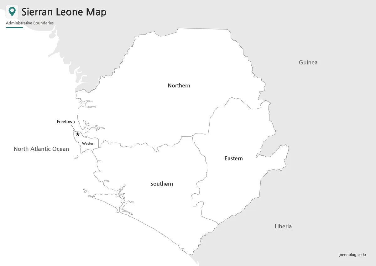 Printable Sierra Leone black and white map with regional boundaries for classroom use