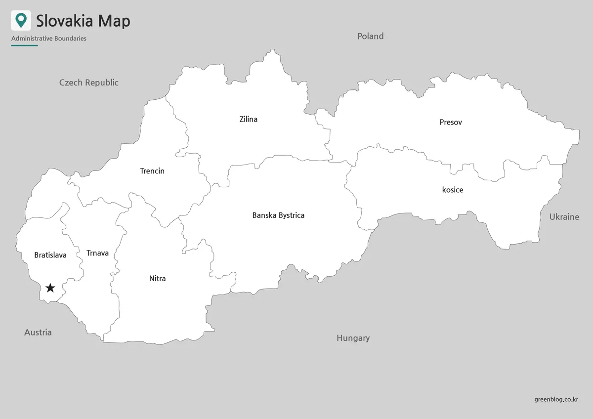 Printable Slovakia black and white map with administrative boundaries for classroom use
