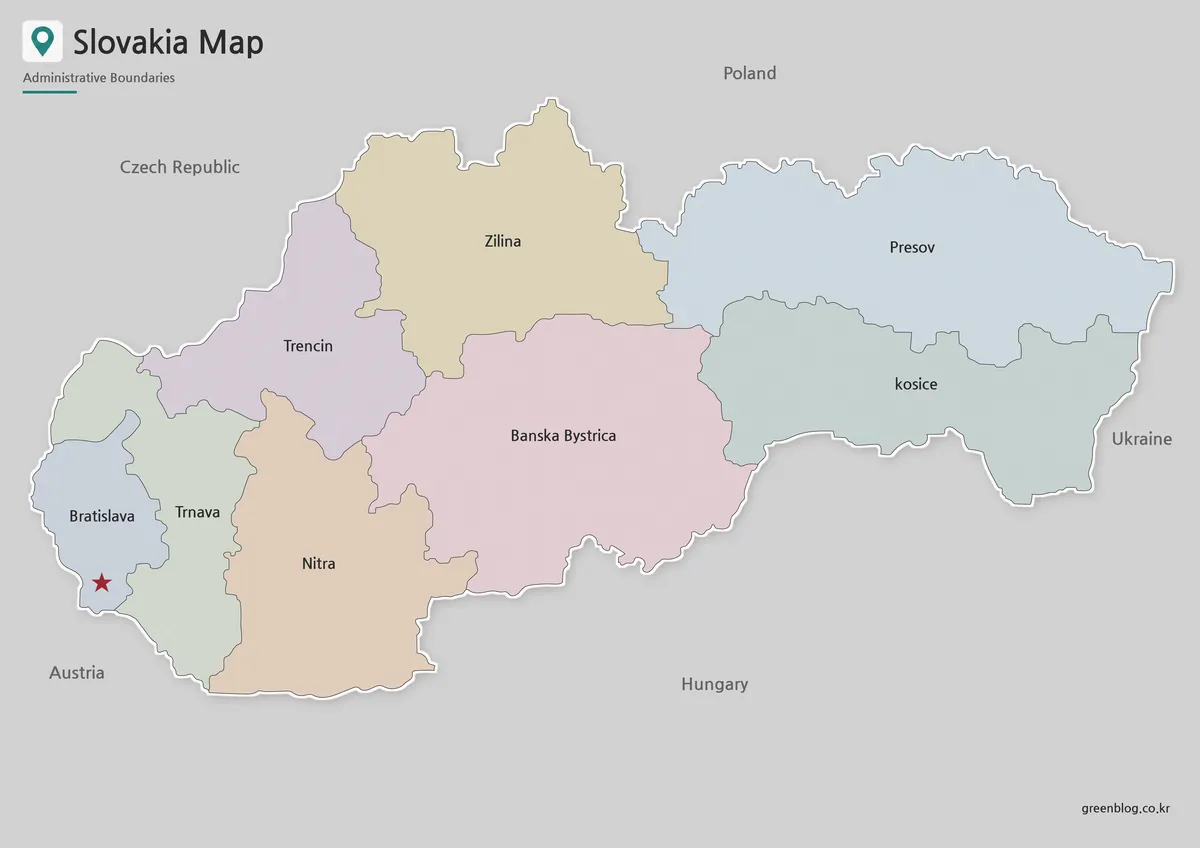 Slovakia Map with color-coded administrative regions and Bratislava for printable reference