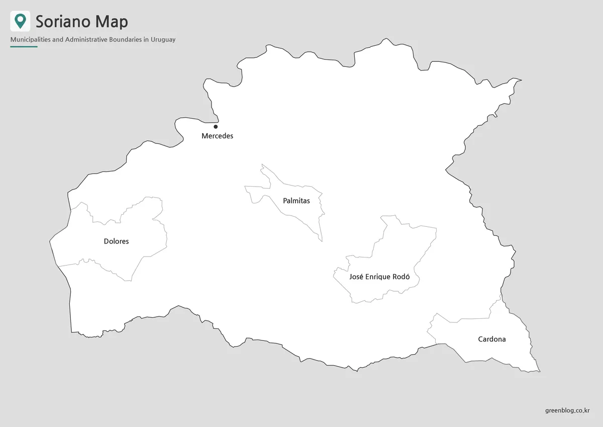 Black and white Soriano map with Mercedes and labeled municipality locations