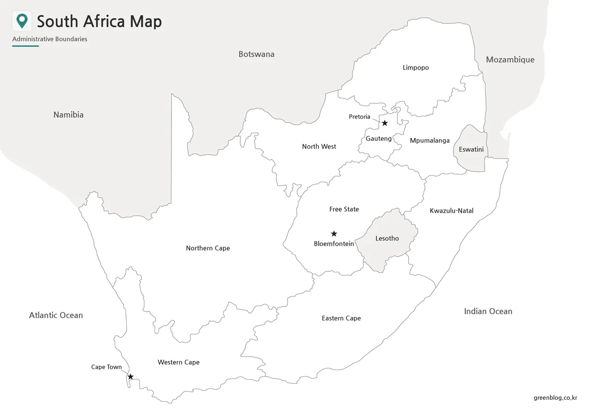 Printable South Africa black and white map with provincial boundaries for classroom use