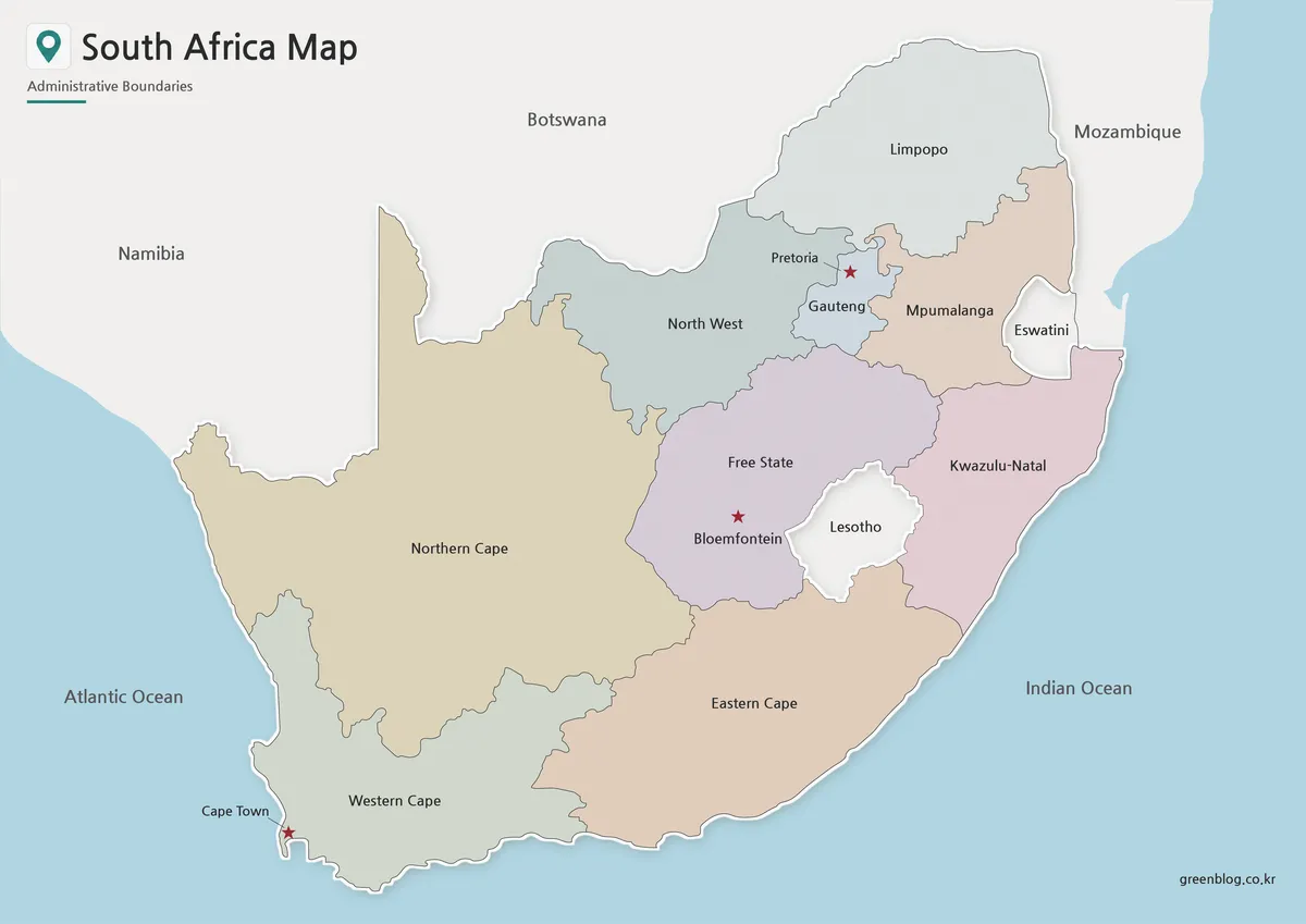 South Africa Map with color-coded provinces, capital markers, Lesotho, and Eswatini for printable reference