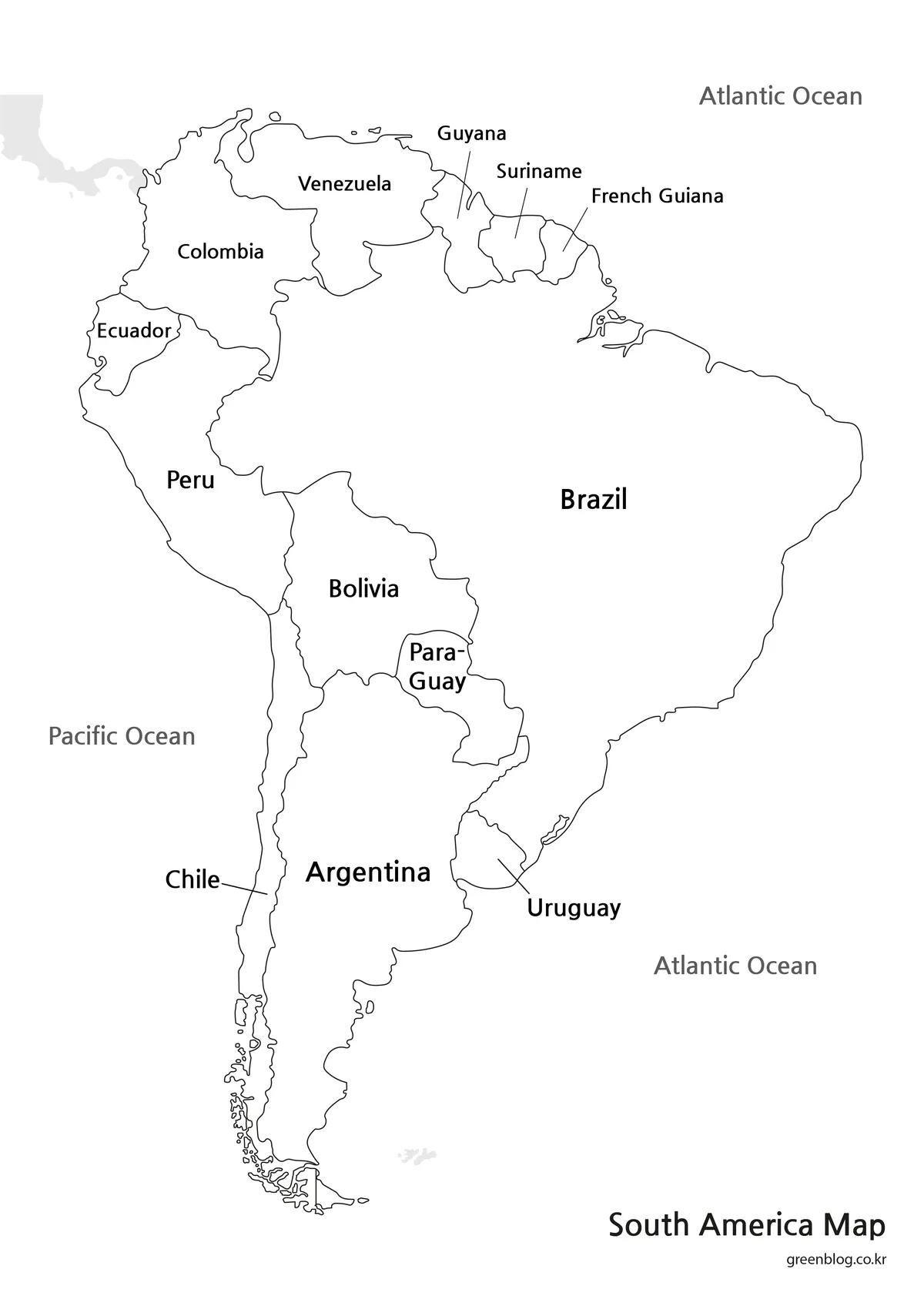 Printable black and white South America country map with labels and national boundaries.