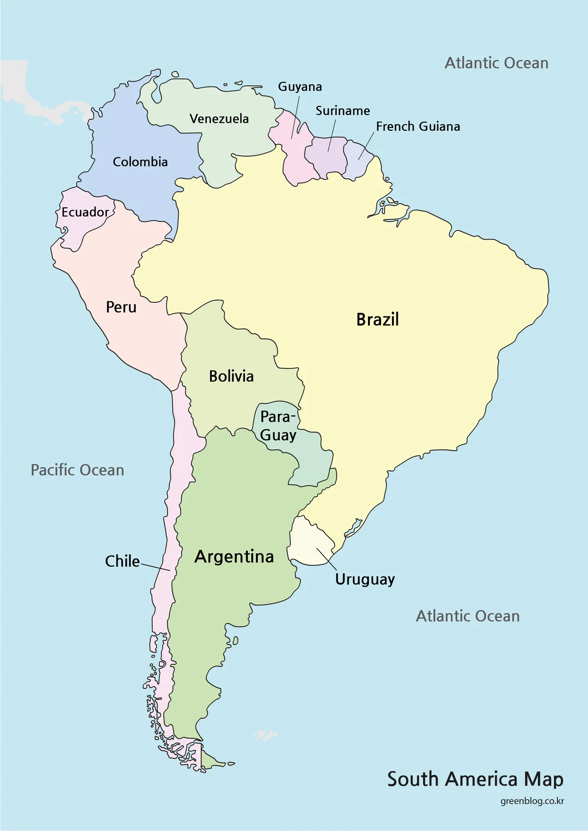 Printable South America map collection with color, black and white, and outline country maps