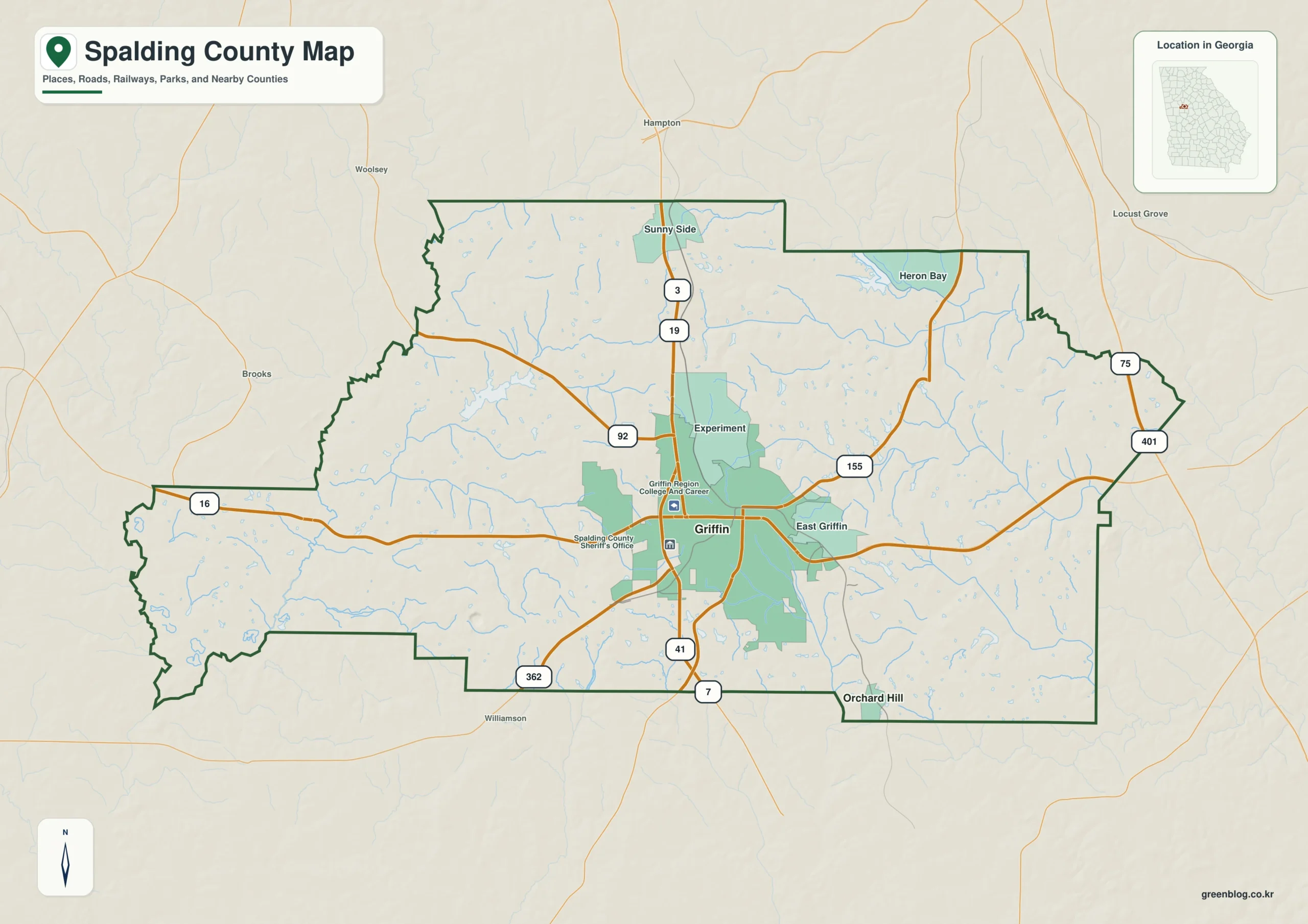Spalding County Georgia map showing the county boundary and selected places