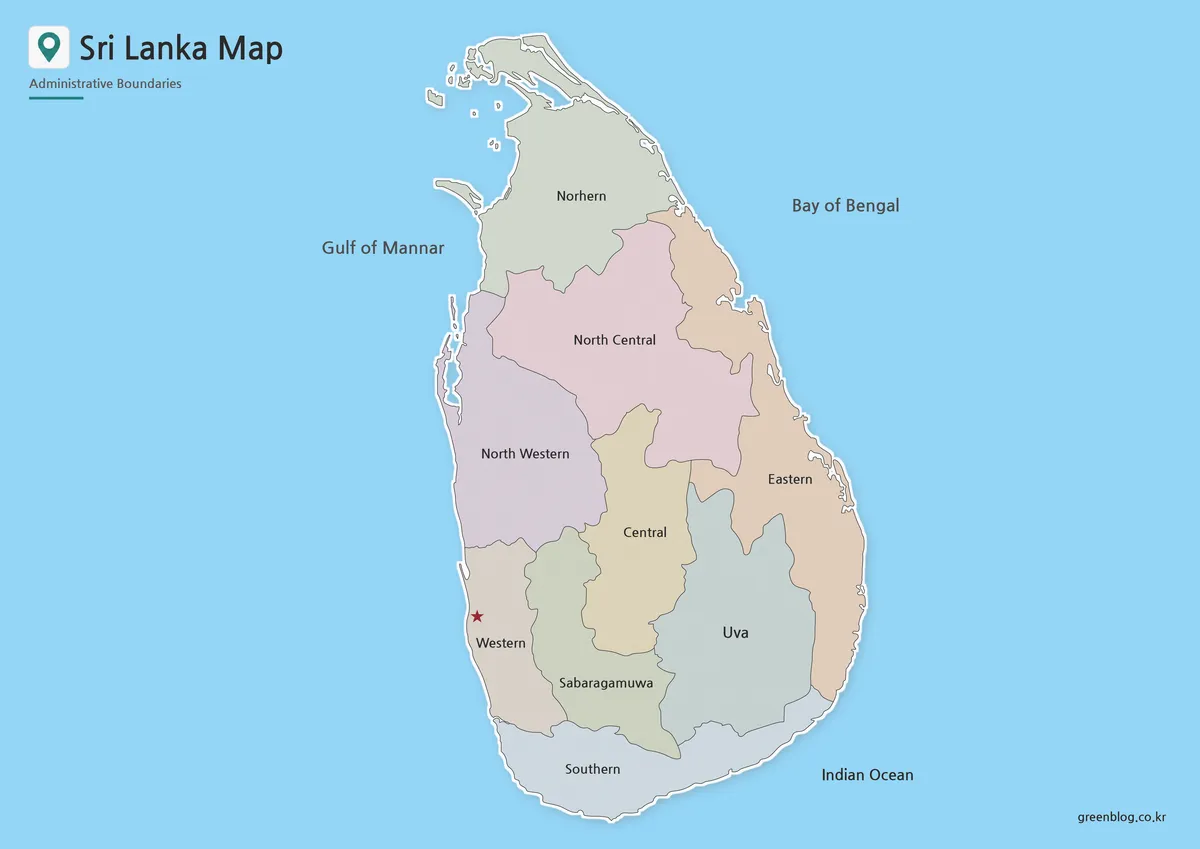 Sri Lanka map in color with labeled regional divisions for printing and presentation use