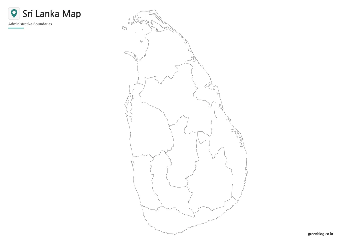 Sri Lanka outline map with blank regional boundaries for editing and worksheets