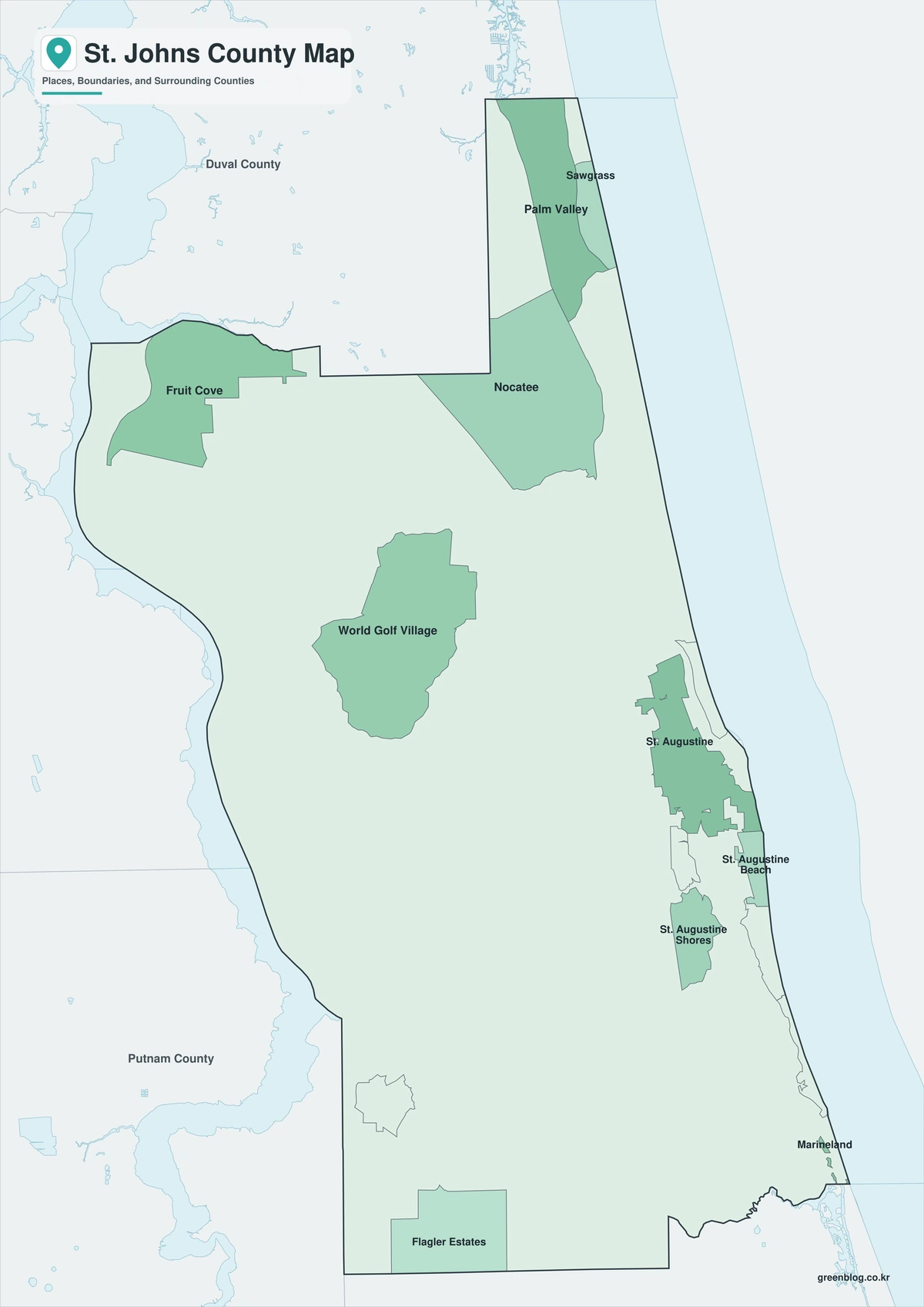 St. Johns County Florida map with color black-and-white and outline versions