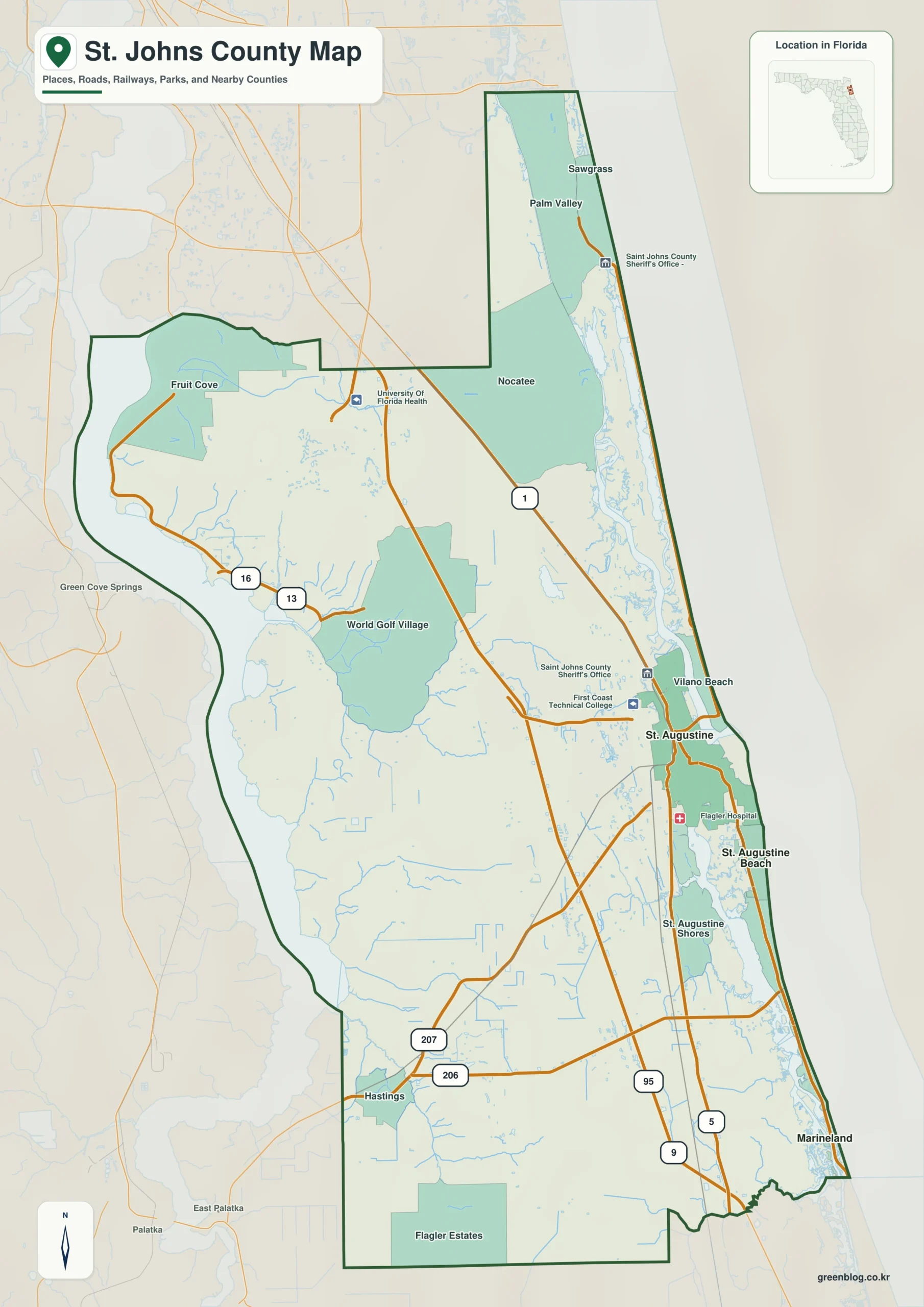 St. Johns County Florida map showing St. Augustine, Ponte Vedra Beach, St. Augustine Beach