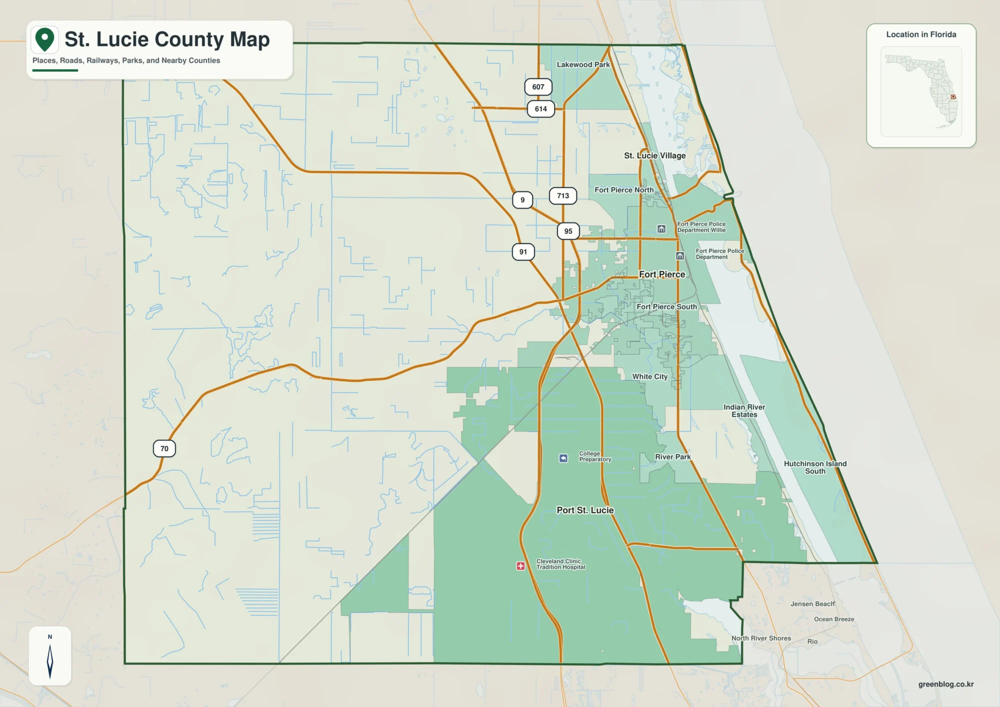 St. Lucie County Florida map showing Fort Pierce, Port St. Lucie, St. Lucie Village