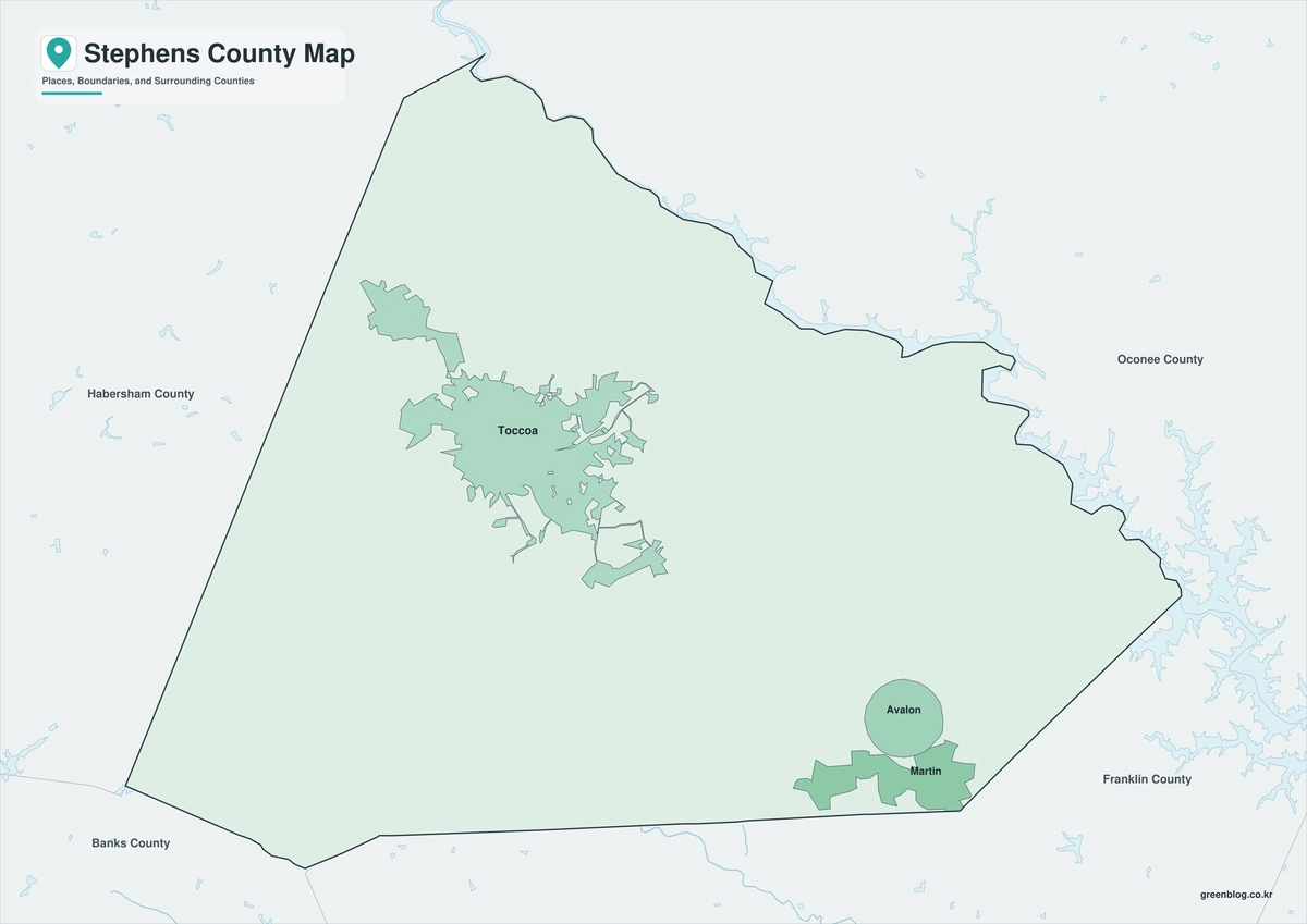 Stephens County Georgia map with colored areas and selected place labels