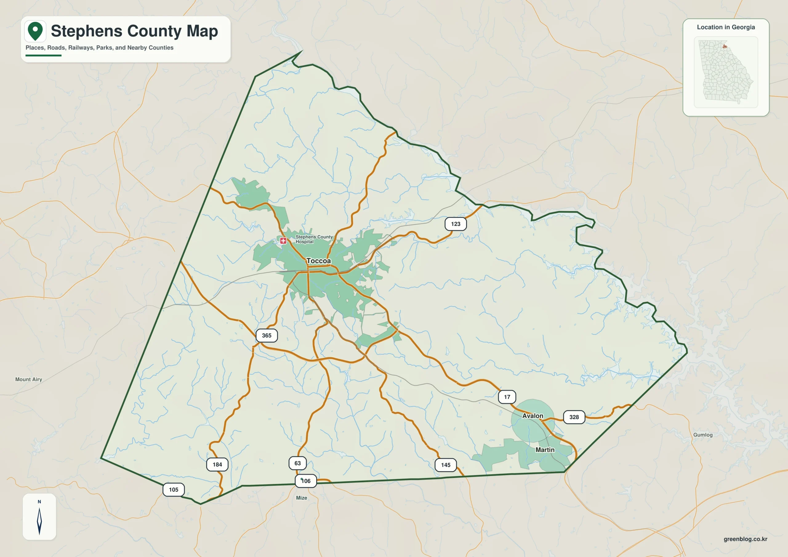Stephens County Georgia map showing the county boundary and selected places