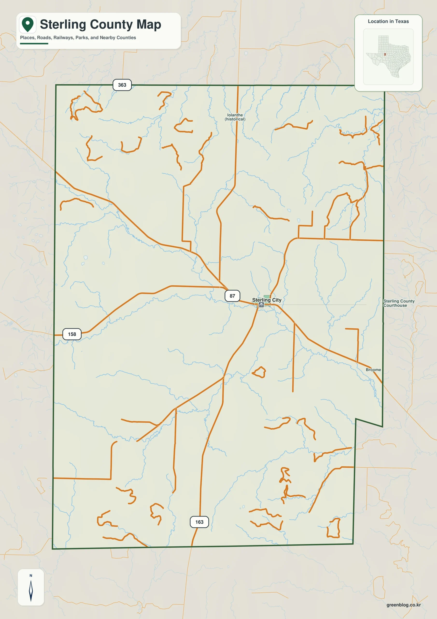 Sterling County Texas map showing Sterling City, Broome, Foster Ranch