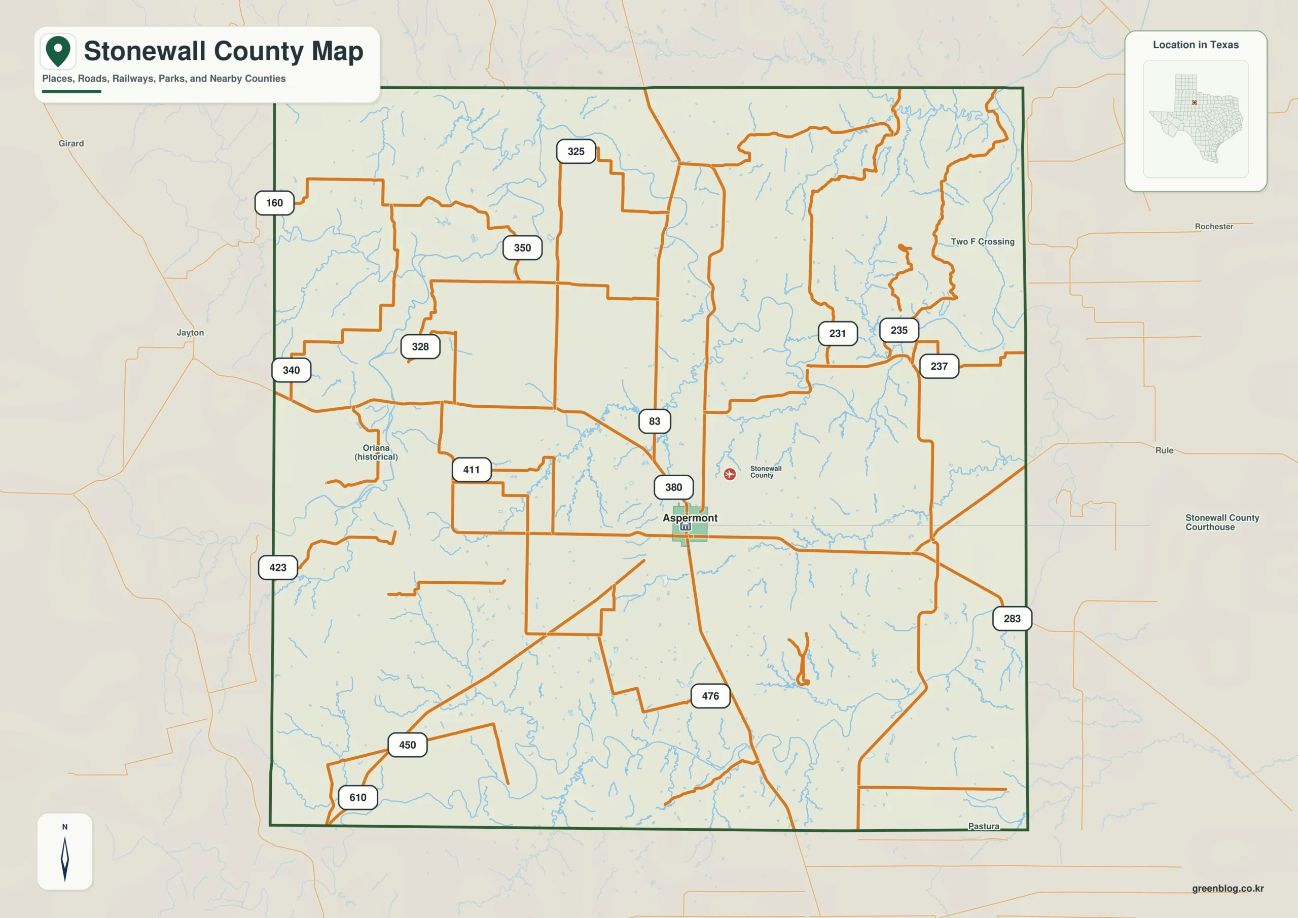 Stonewall County Texas map showing Aspermont, Old Glory, Peacock