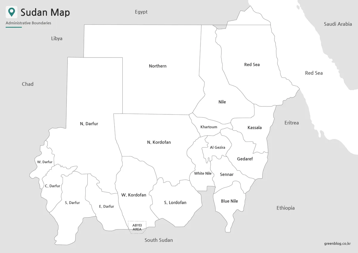 Printable Sudan map with state boundaries and clean labels for reports and classroom handouts