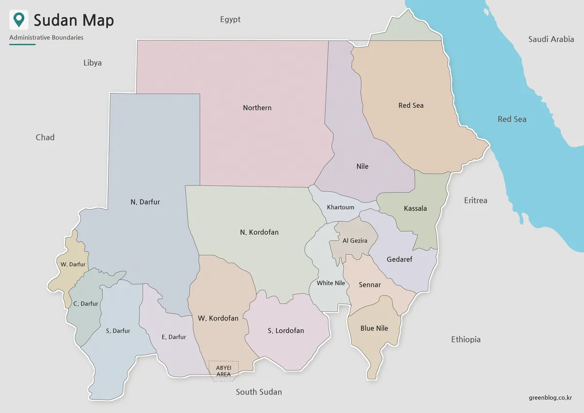 Printable Sudan map collection with color, basic, and outline versions for educational and presentation use