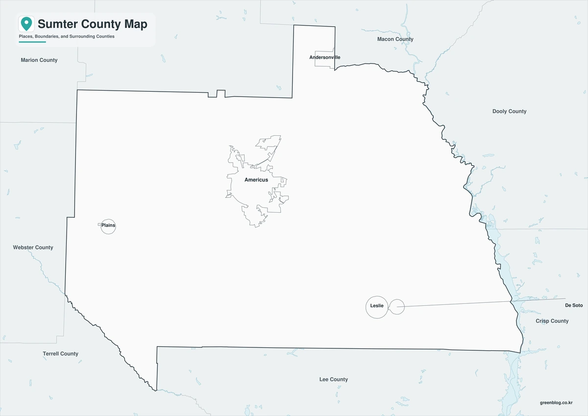Black and white Sumter County map with selected local labels