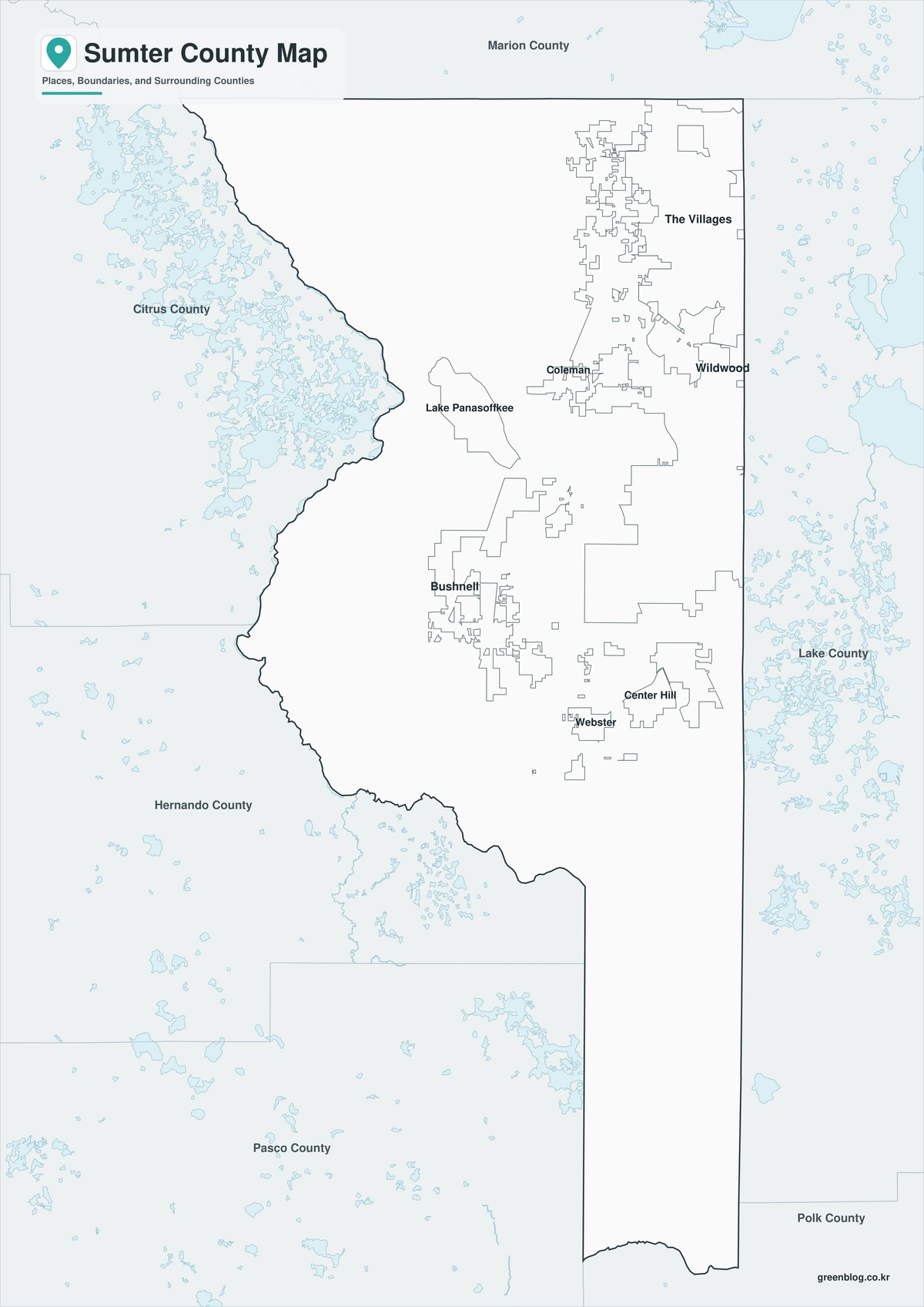 Black-and-white Sumter County map with selected place labels