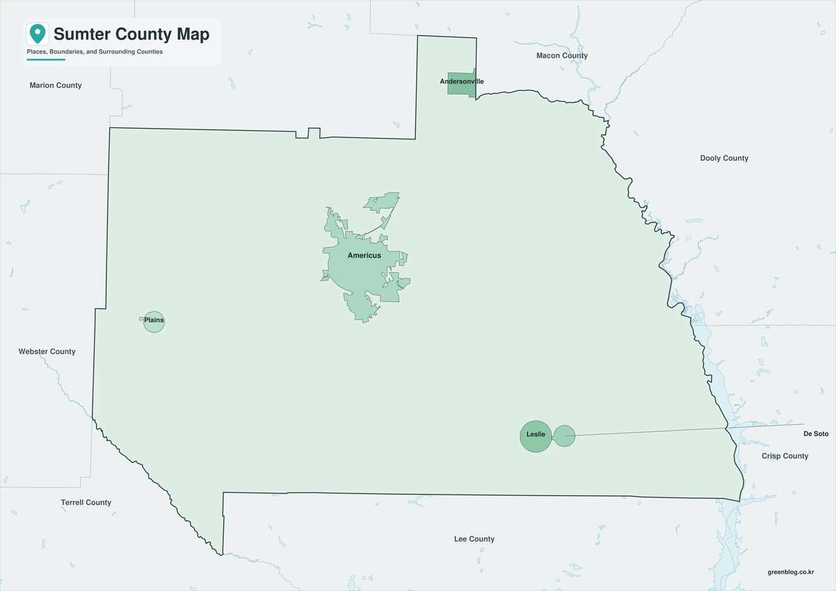 Sumter County Georgia map with colored areas and selected place labels
