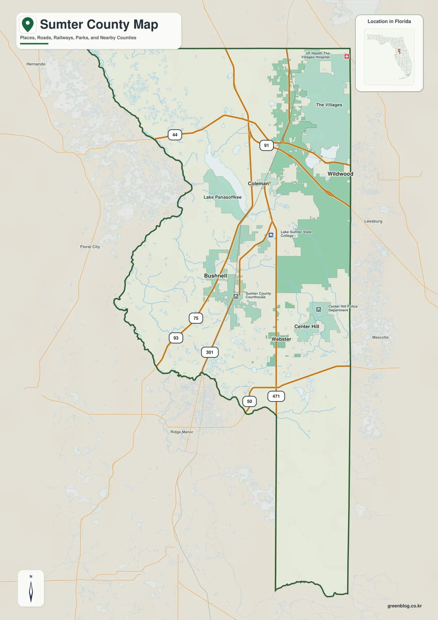 Sumter County Florida map showing Bushnell, Wildwood, The Villages