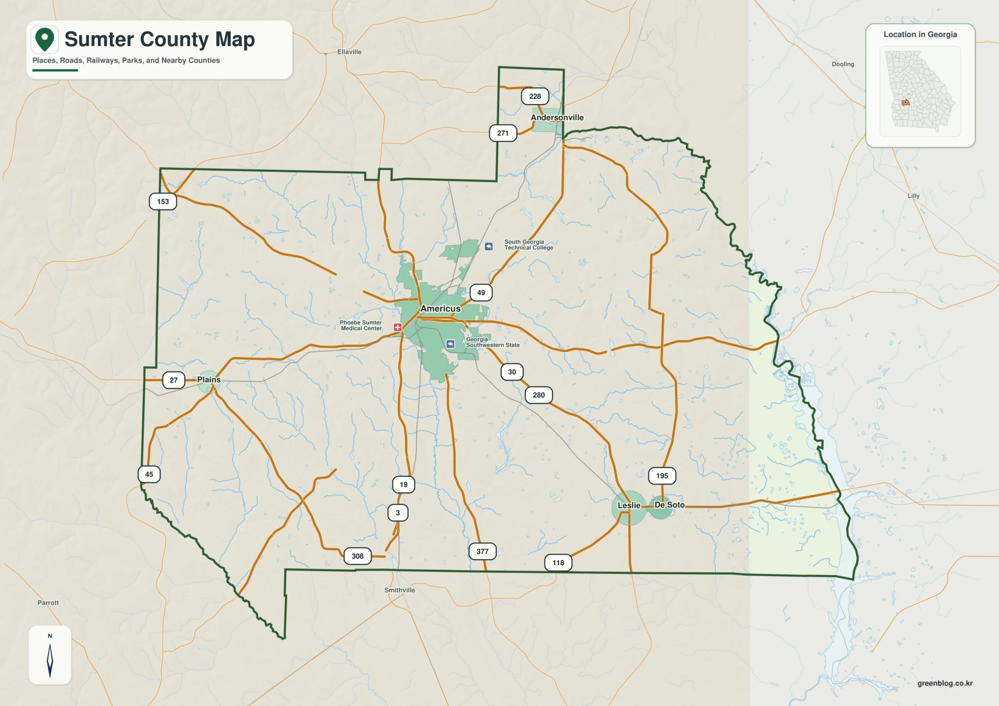 섬터 카운티 Sumter County 조지아 지도에 표시된 카운티 경계와 주요 지명