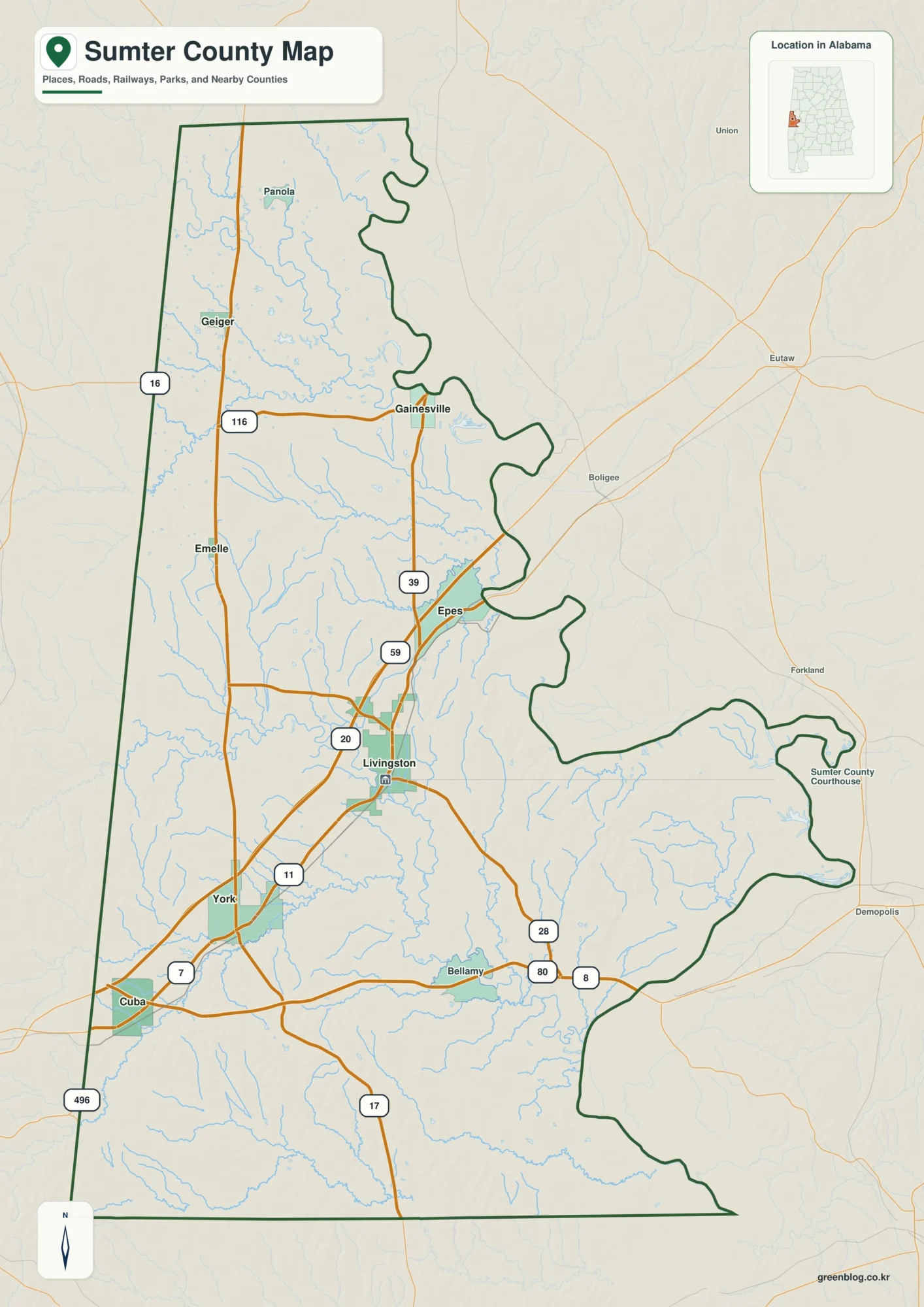 섬터 카운티 Sumter County 앨라배마 지도에서 카운티 경계와 주요 지명을 확인하는 지도
