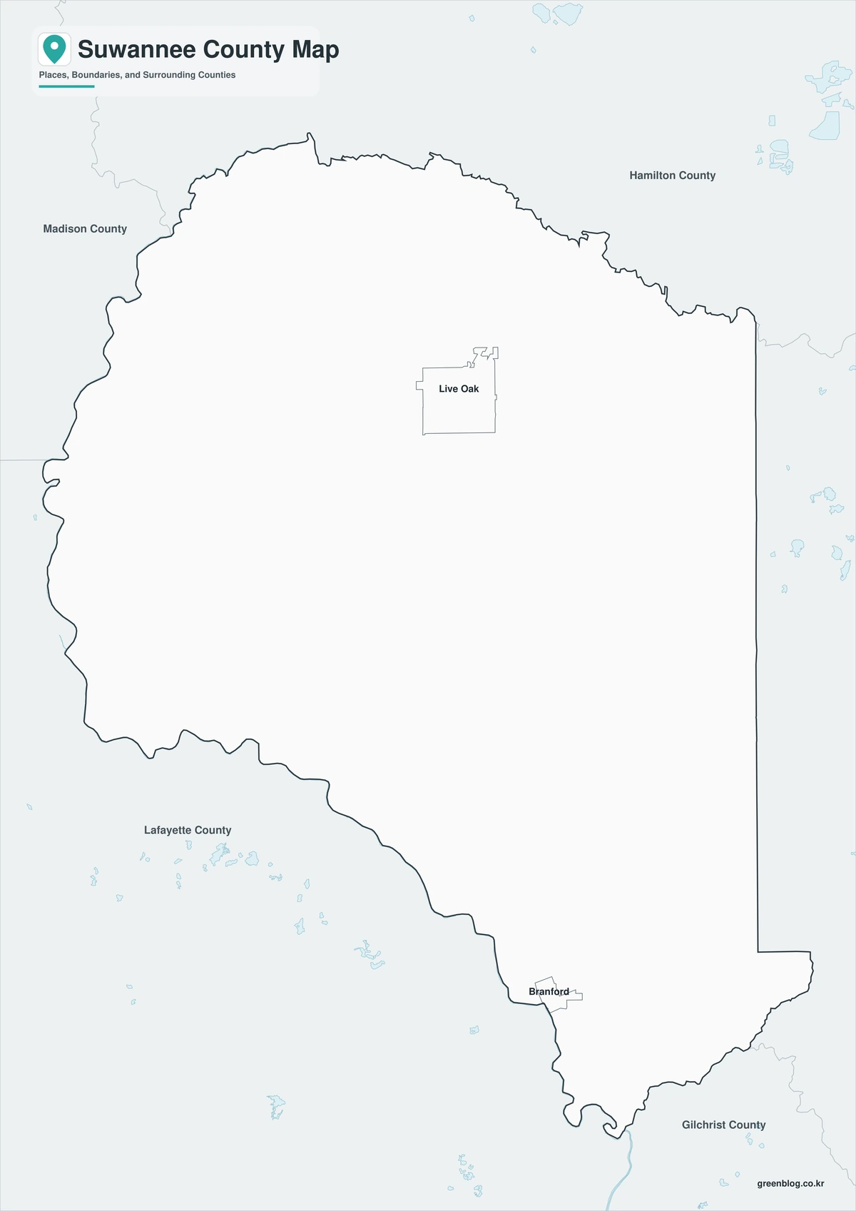 Black-and-white Suwannee County map with selected place labels