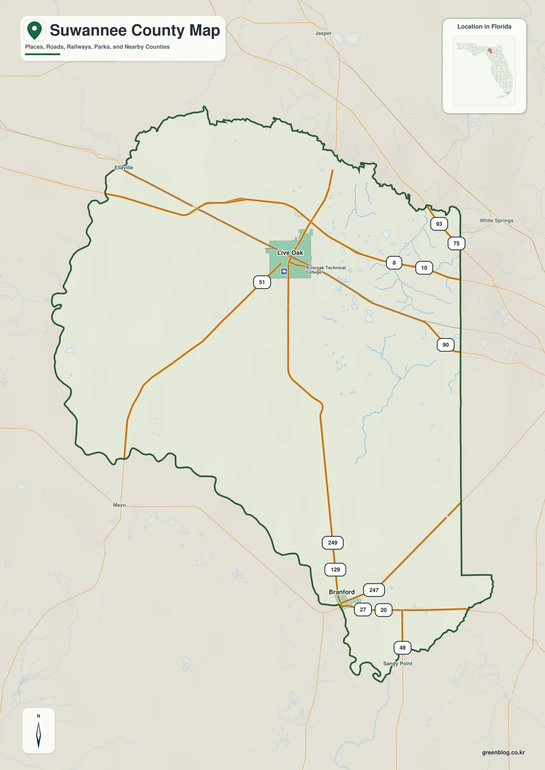 Suwannee County Florida map showing Live Oak, Branford, Wellborn