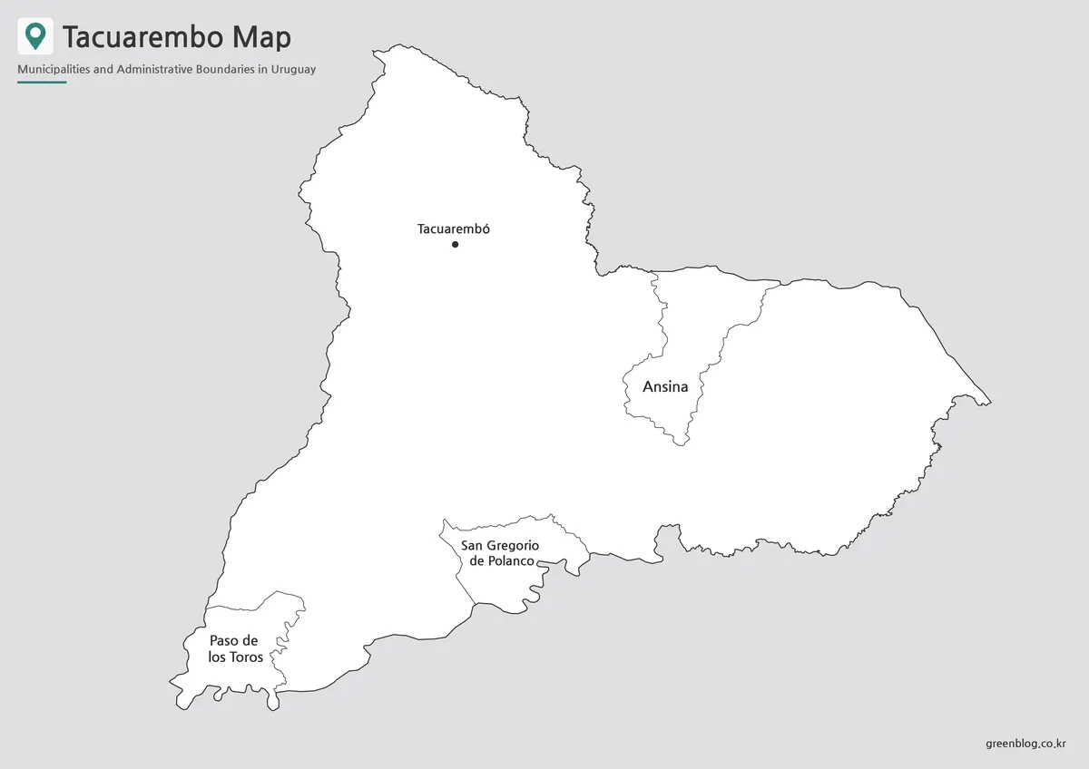 타쿠아렘보주 기본 지도에 주도 타쿠아렘보와 주요 자치구 이름이 표시된 모습