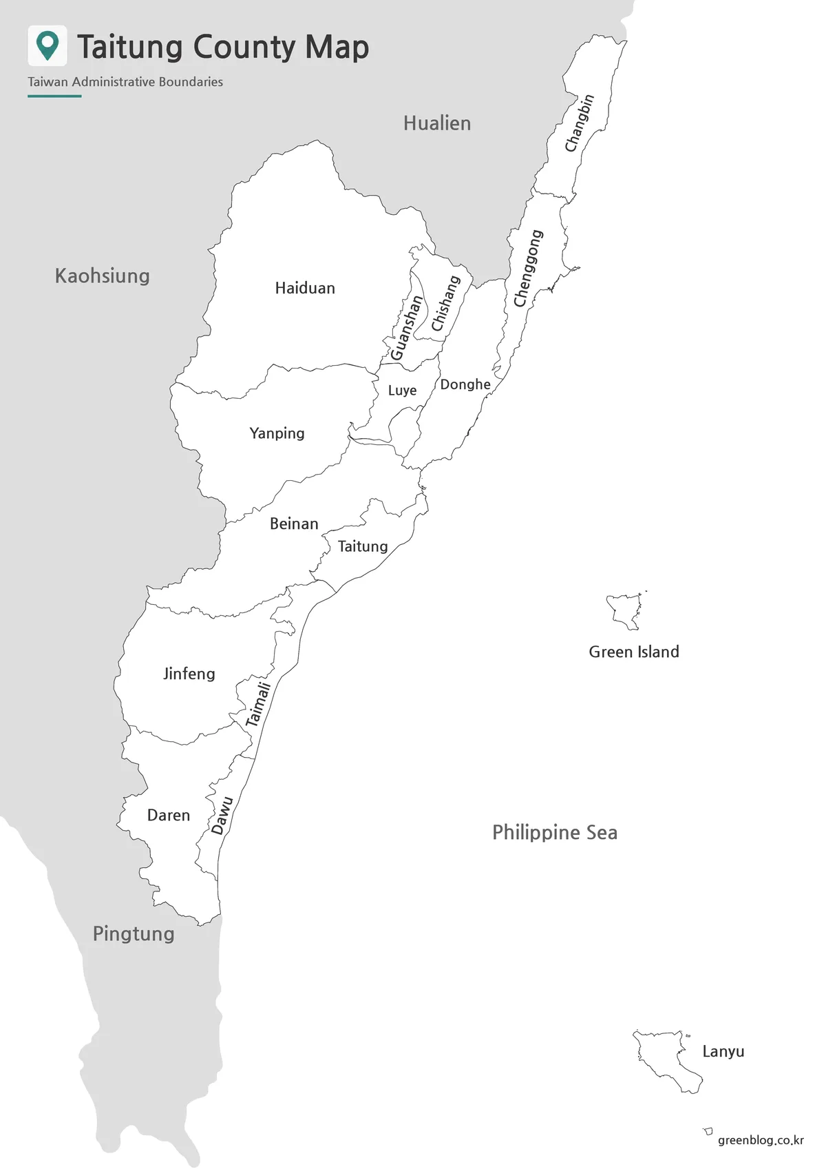 Black and white Taitung County map for classroom printing and presentation use