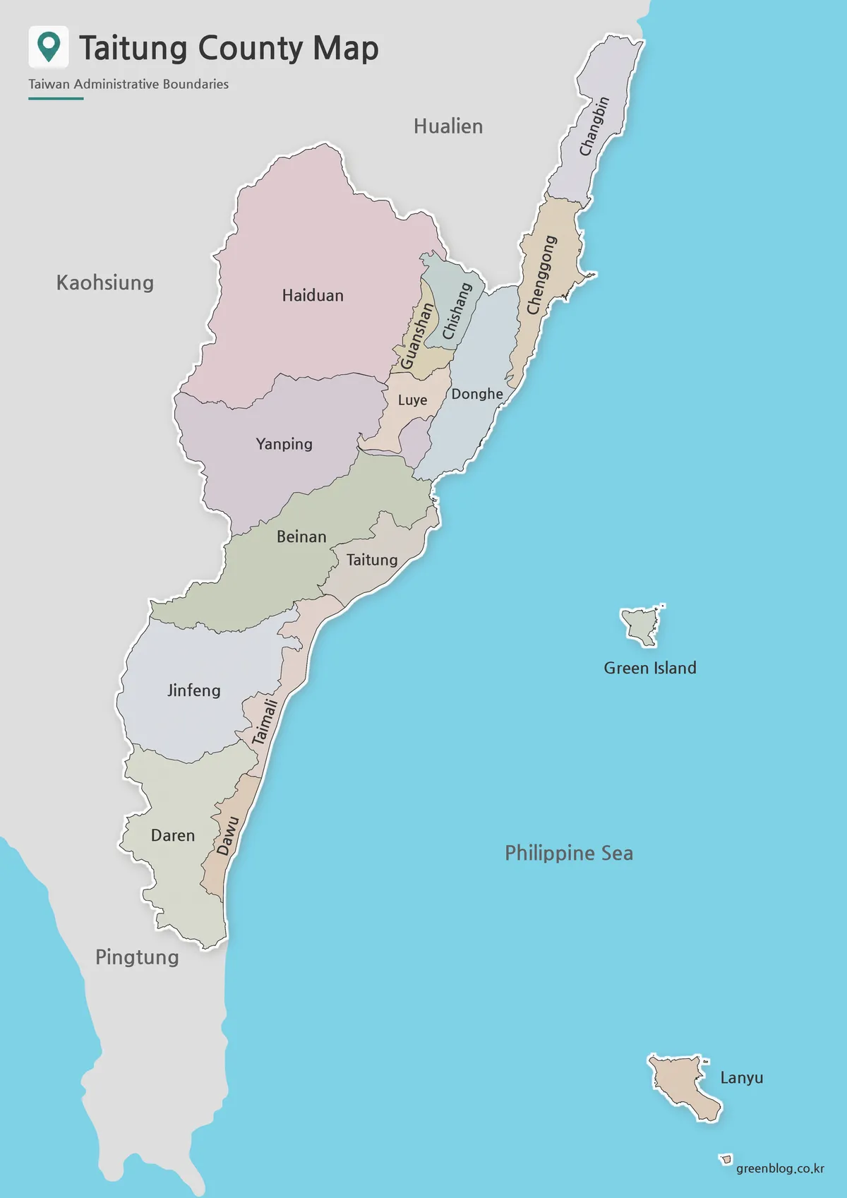 Printable Taitung County map with color-coded administrative boundaries