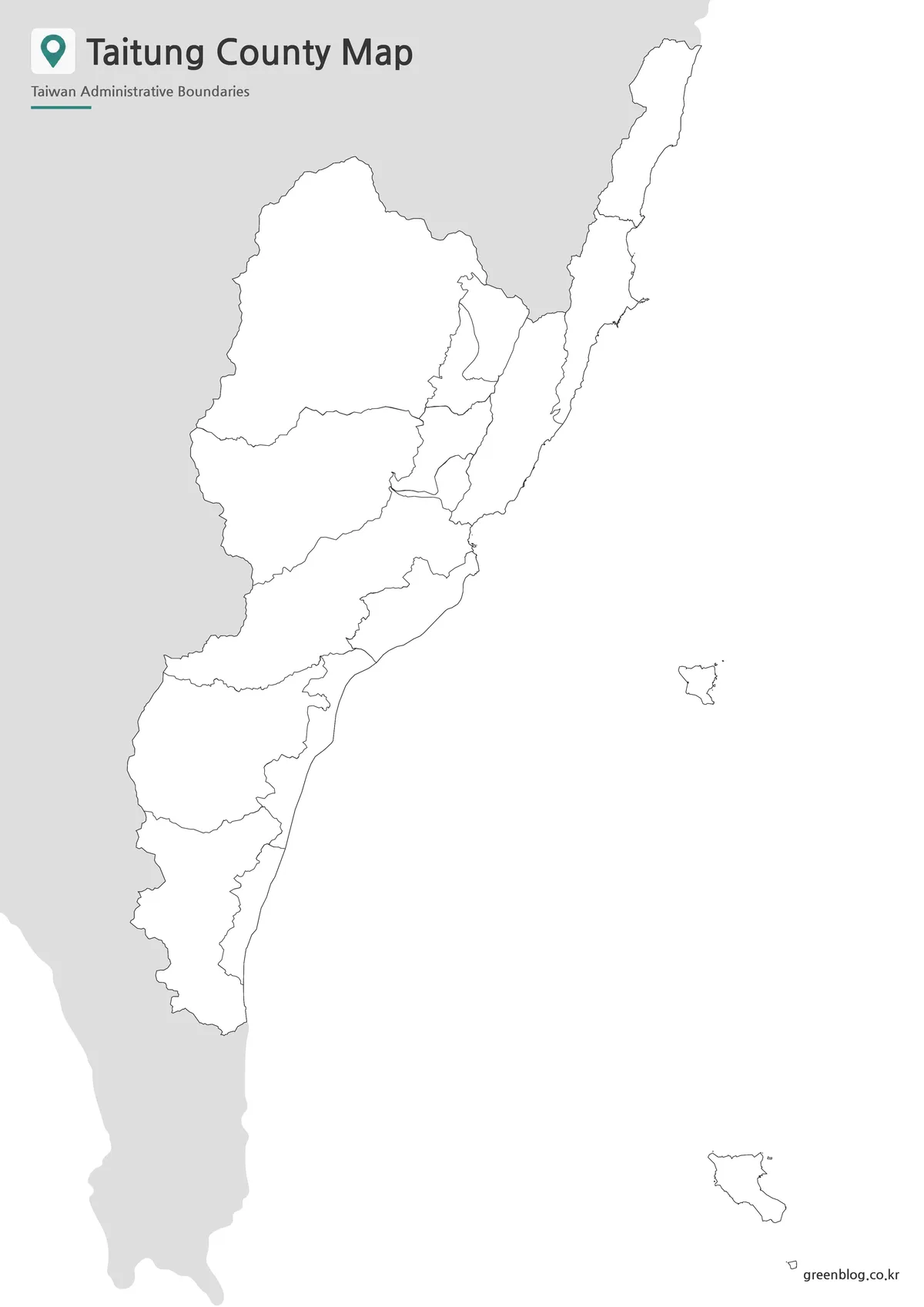 Taitung County outline map with administrative boundary lines for editing