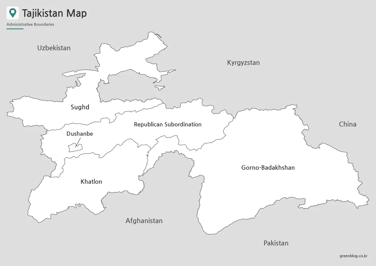 Printable black and white Tajikistan map with regional boundary lines