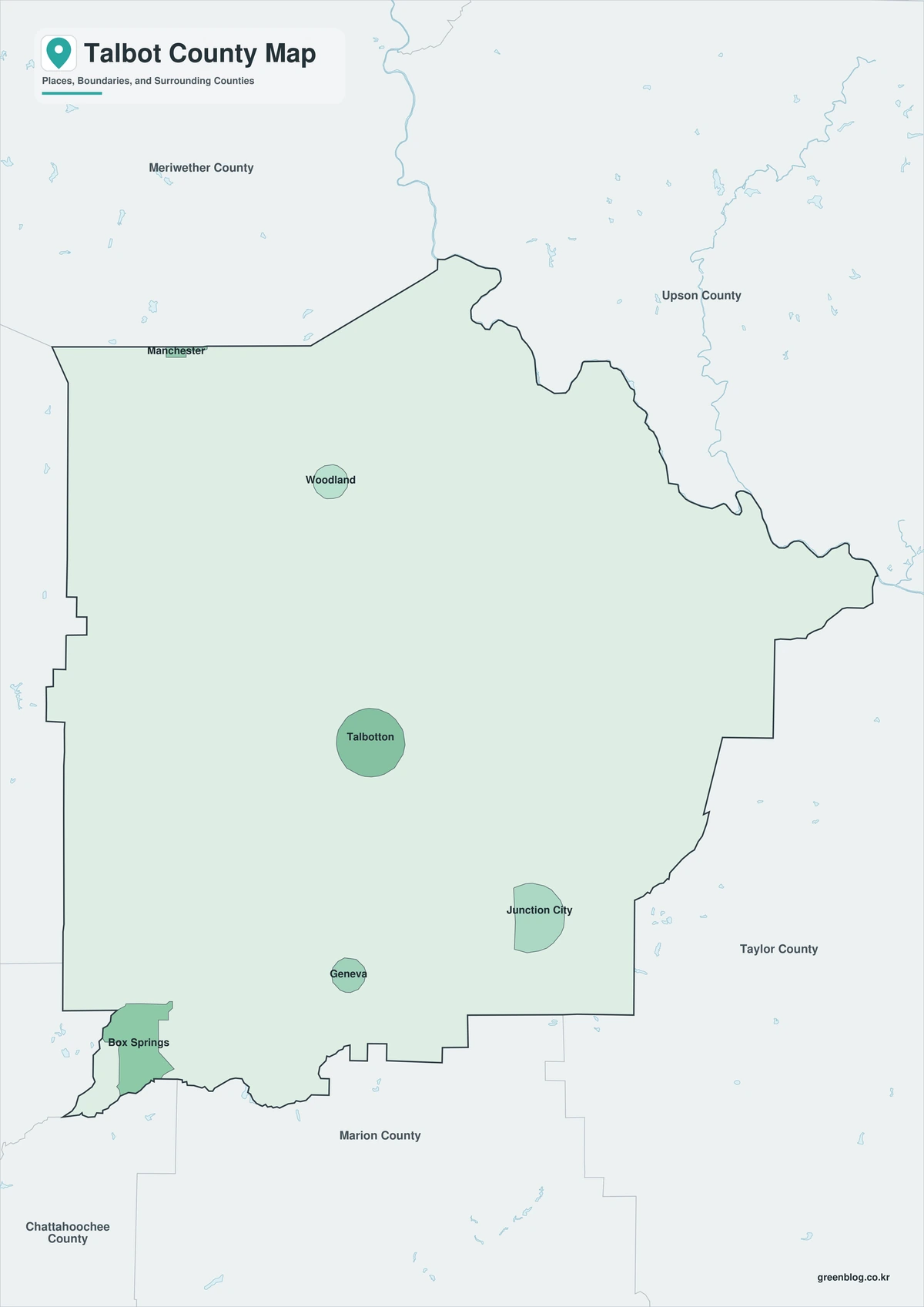 Talbot County Georgia map with colored areas and selected place labels